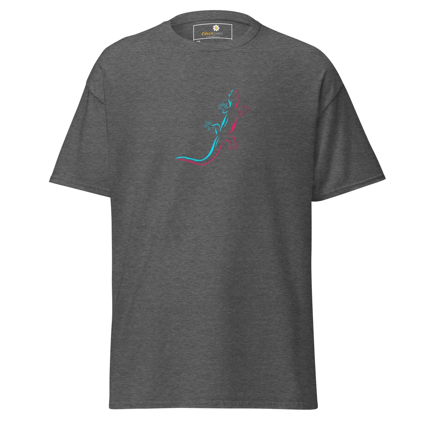 Gray t-shirt with lizard design.