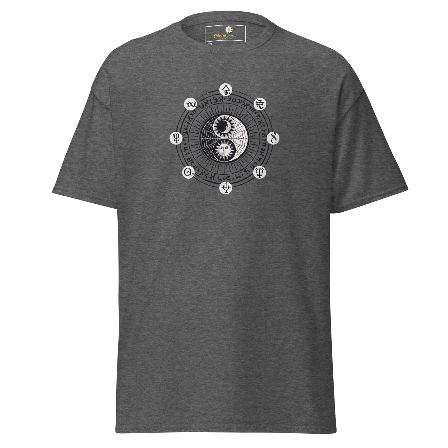 Gray t-shirt with yin-yang design.
