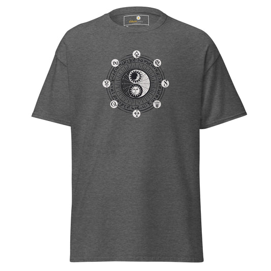 Gray t-shirt with yin-yang design.