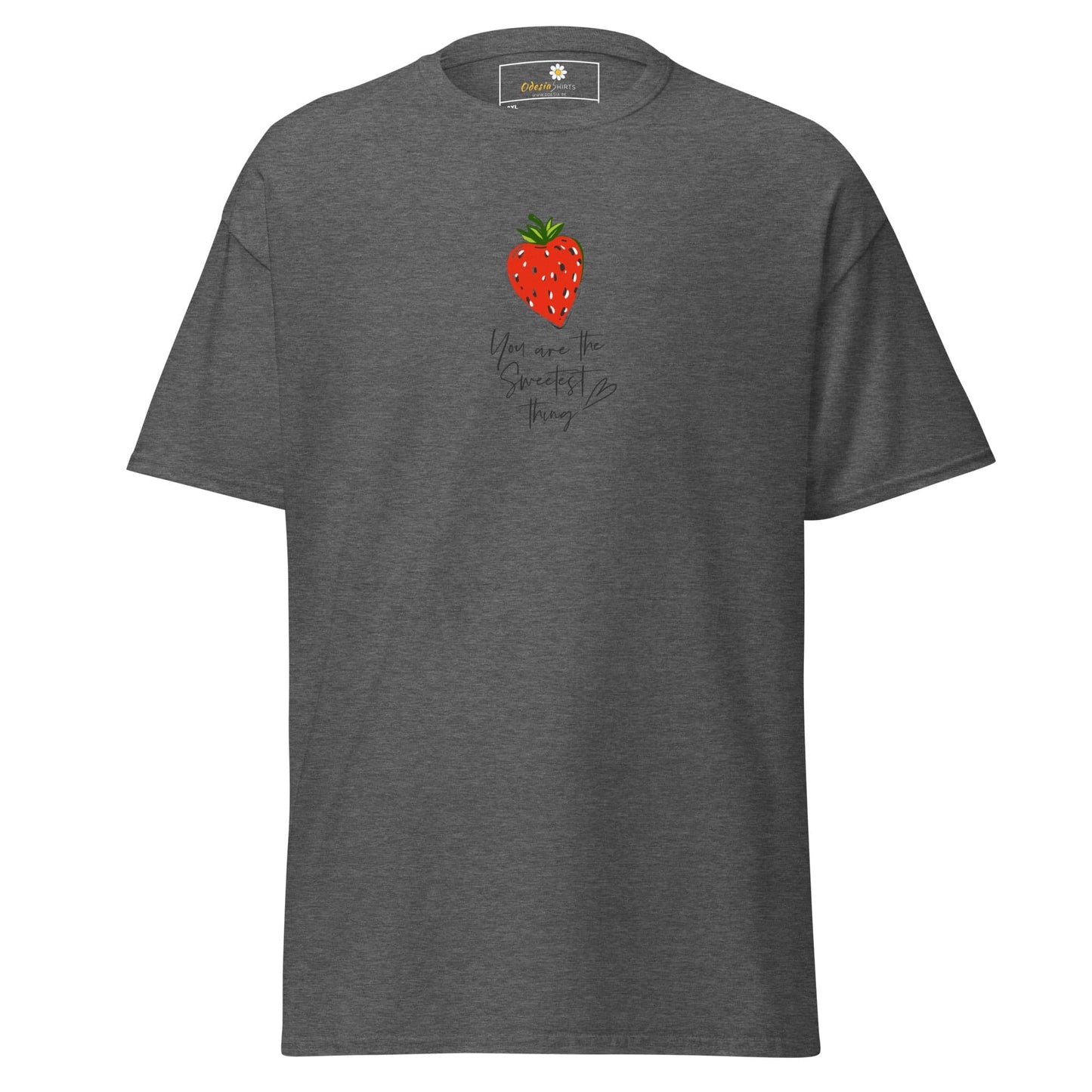 Gray t-shirt with strawberry design.