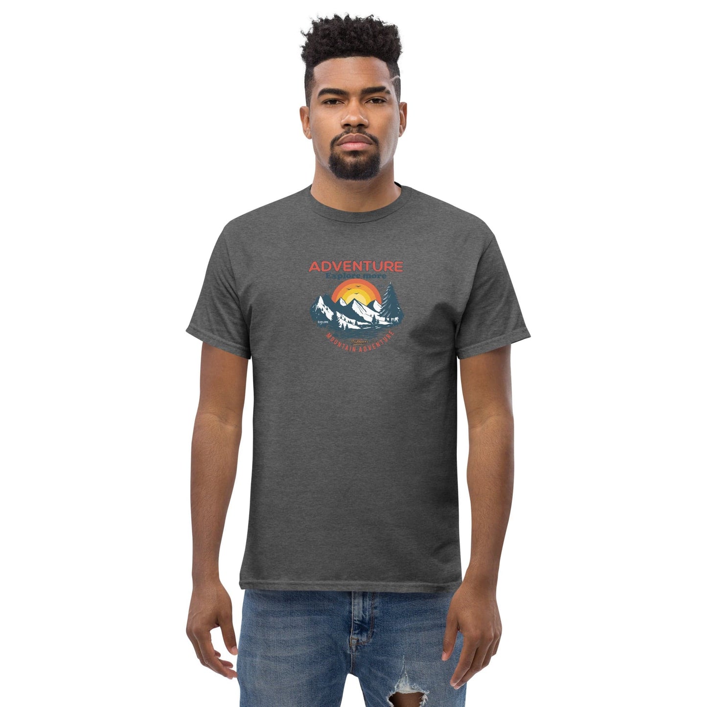 Gray t-shirt with mountain graphic.