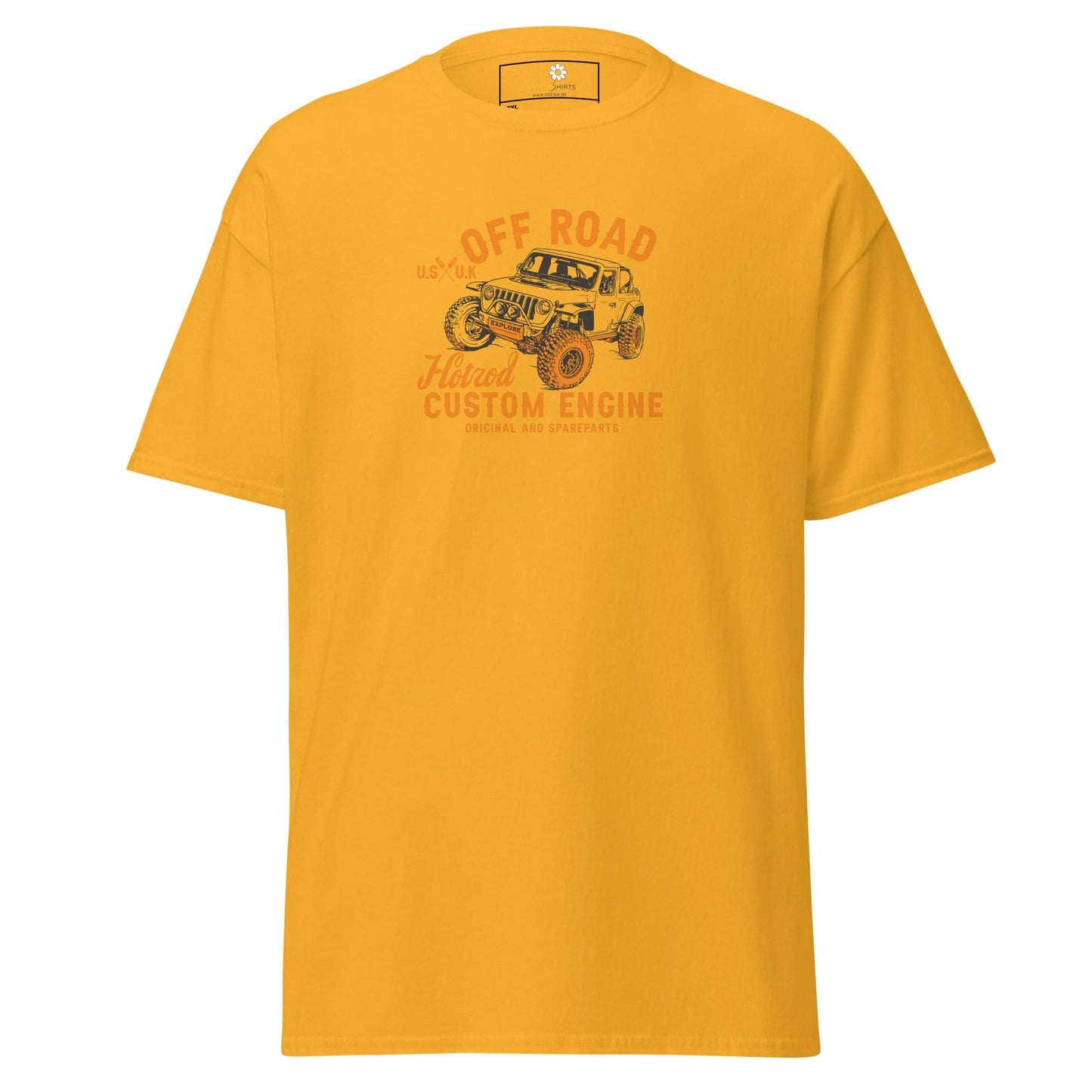 Yellow t-shirt with off-road vehicle graphic.