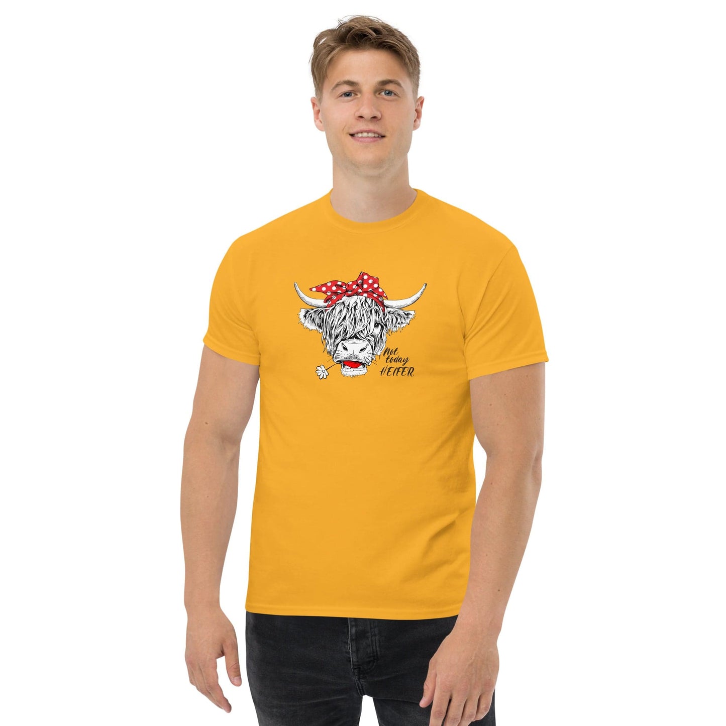 Yellow t-shirt with cow graphic.