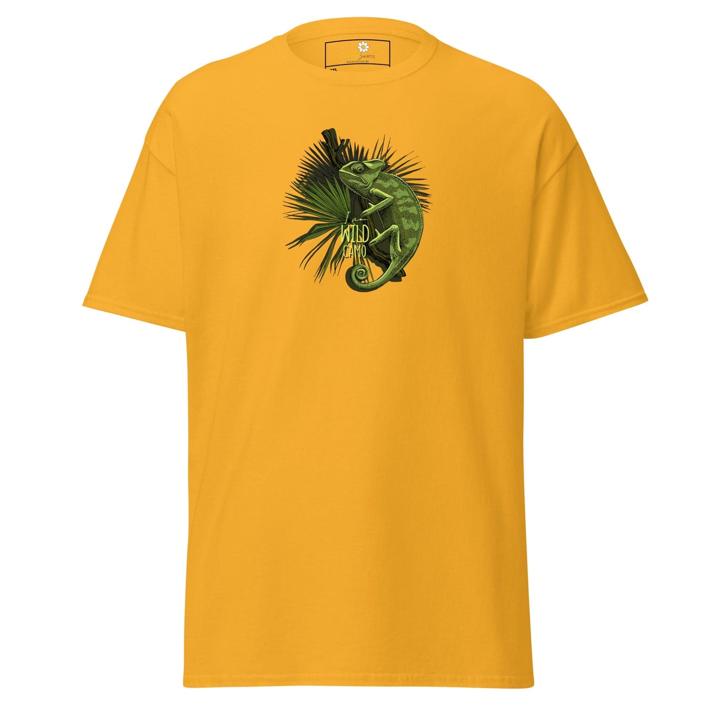 Yellow t-shirt with chameleon graphic.