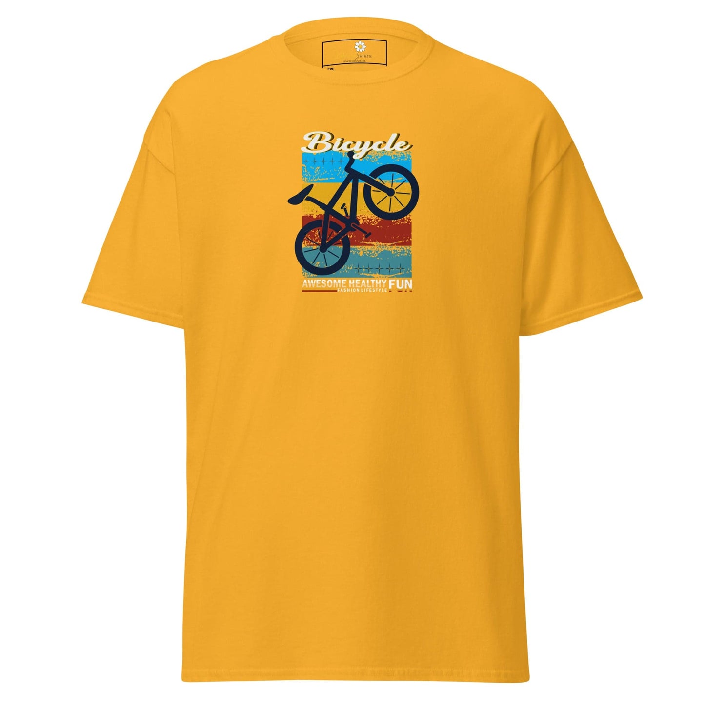 Mustard-colored T-shirt with bicycle graphic for men and women in 2XL to 5XL sizes