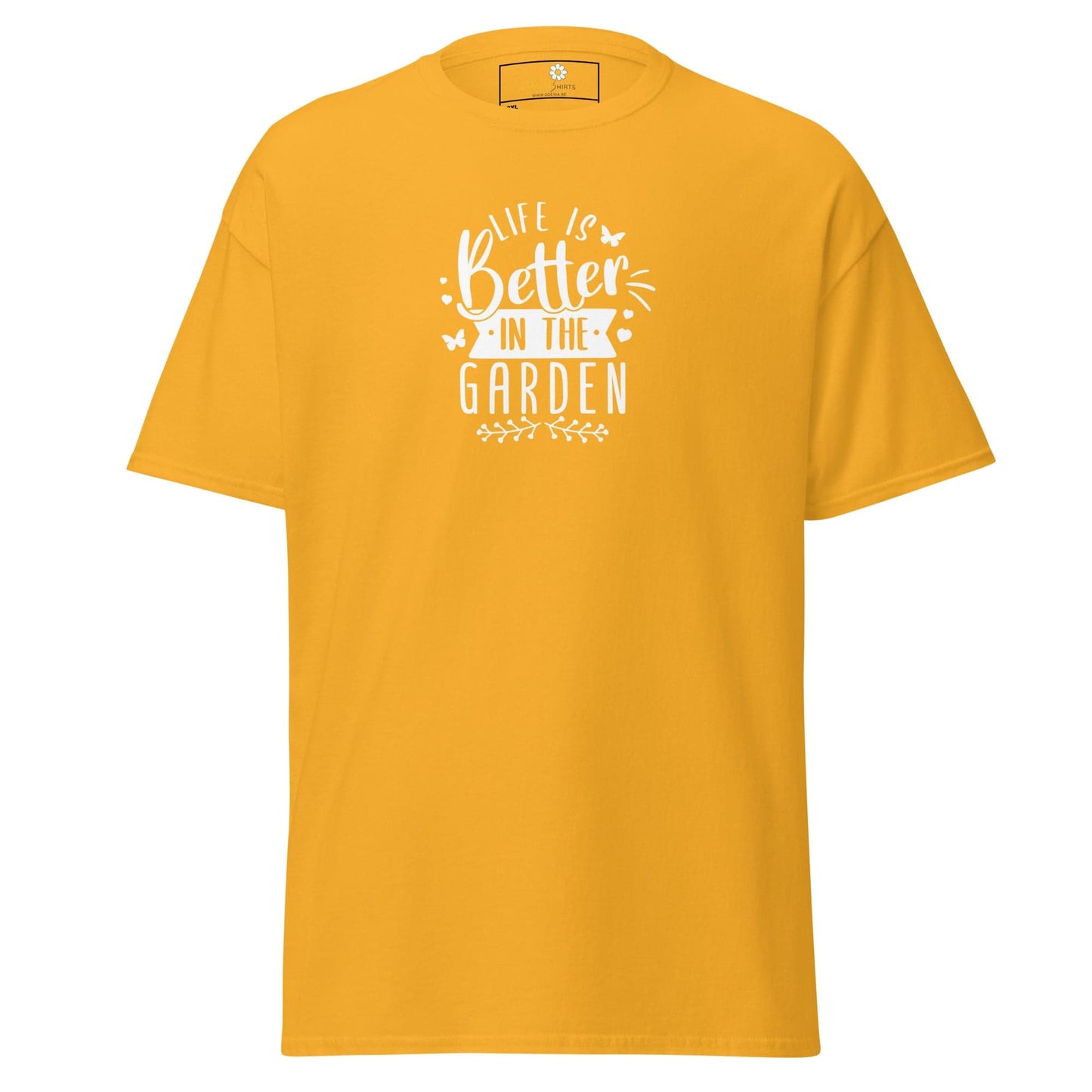 Yellow t-shirt with garden-themed text.