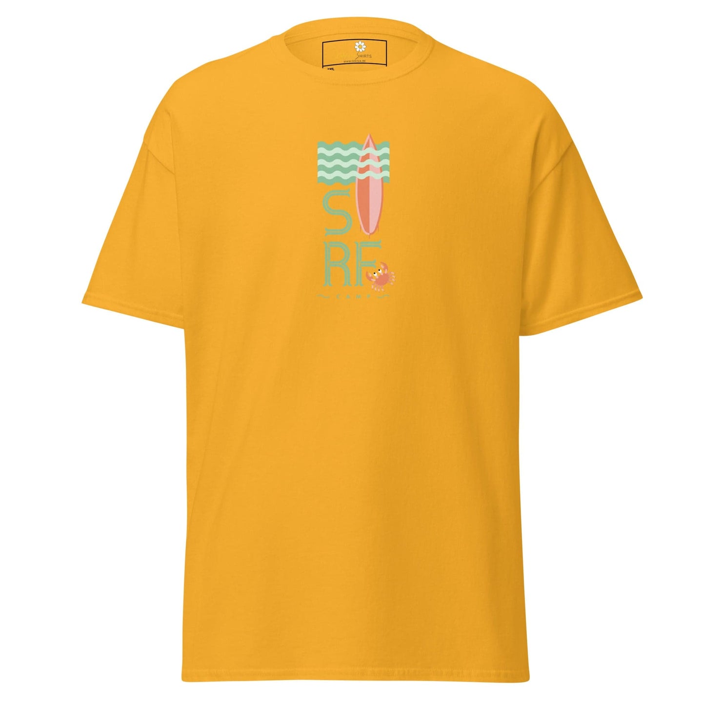 Yellow t-shirt with surf design.