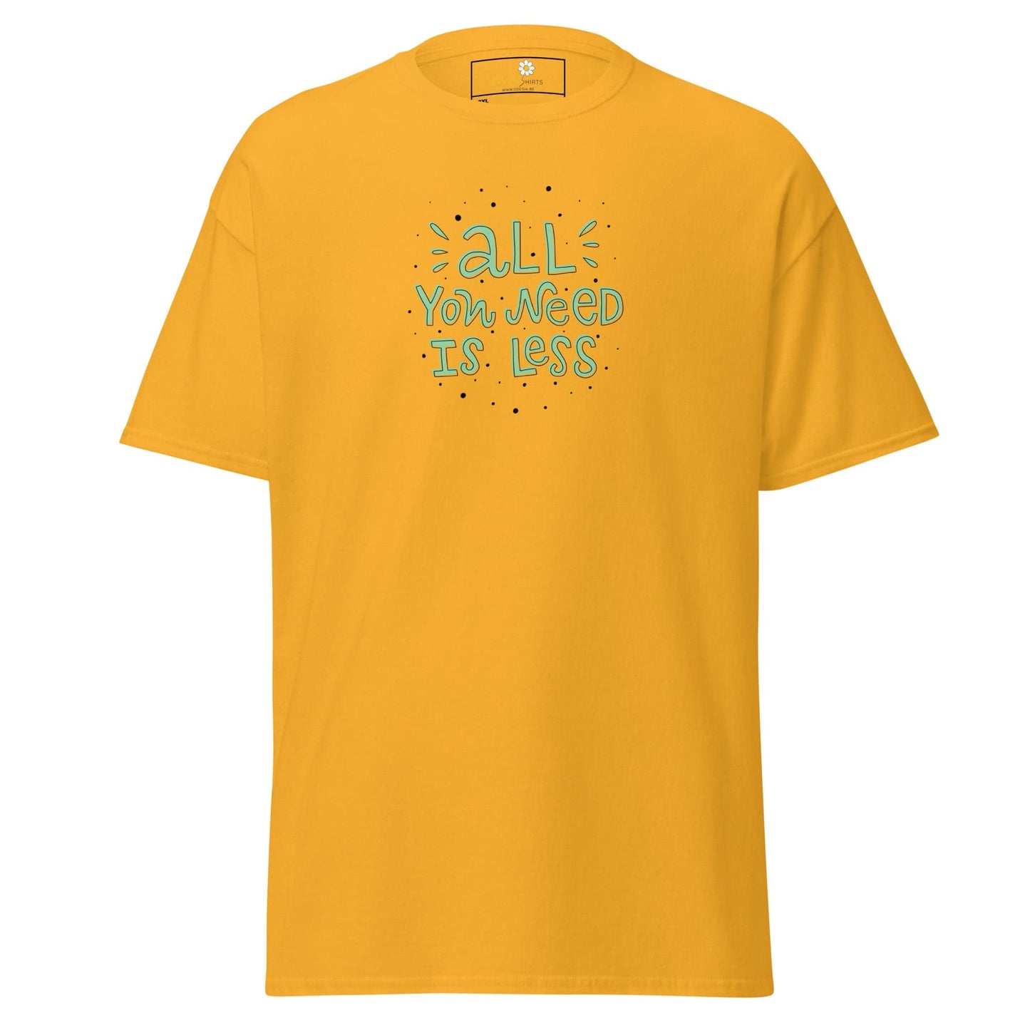 Yellow T-shirt with teal lettering from the T-SHIRT DESIGN TEE men’s and women’s collection