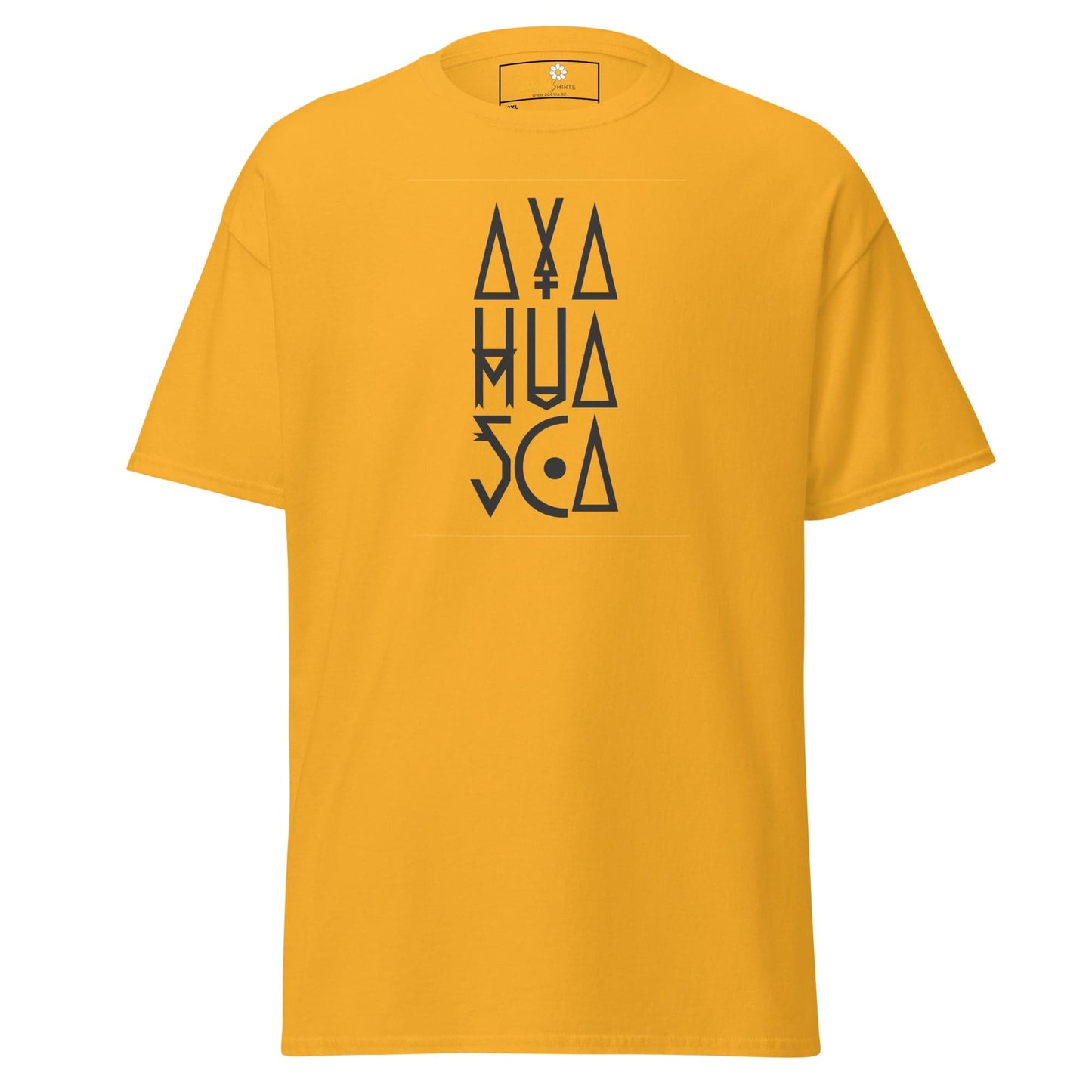 Yellow t-shirt with black geometric design.
