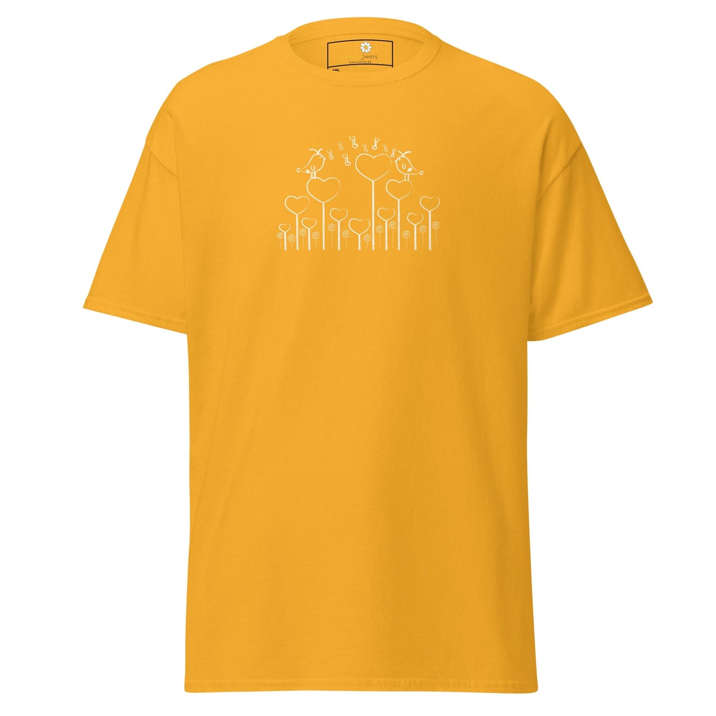 Yellow T-shirt with white floral design for men and women in sizes 2XL to 5XL