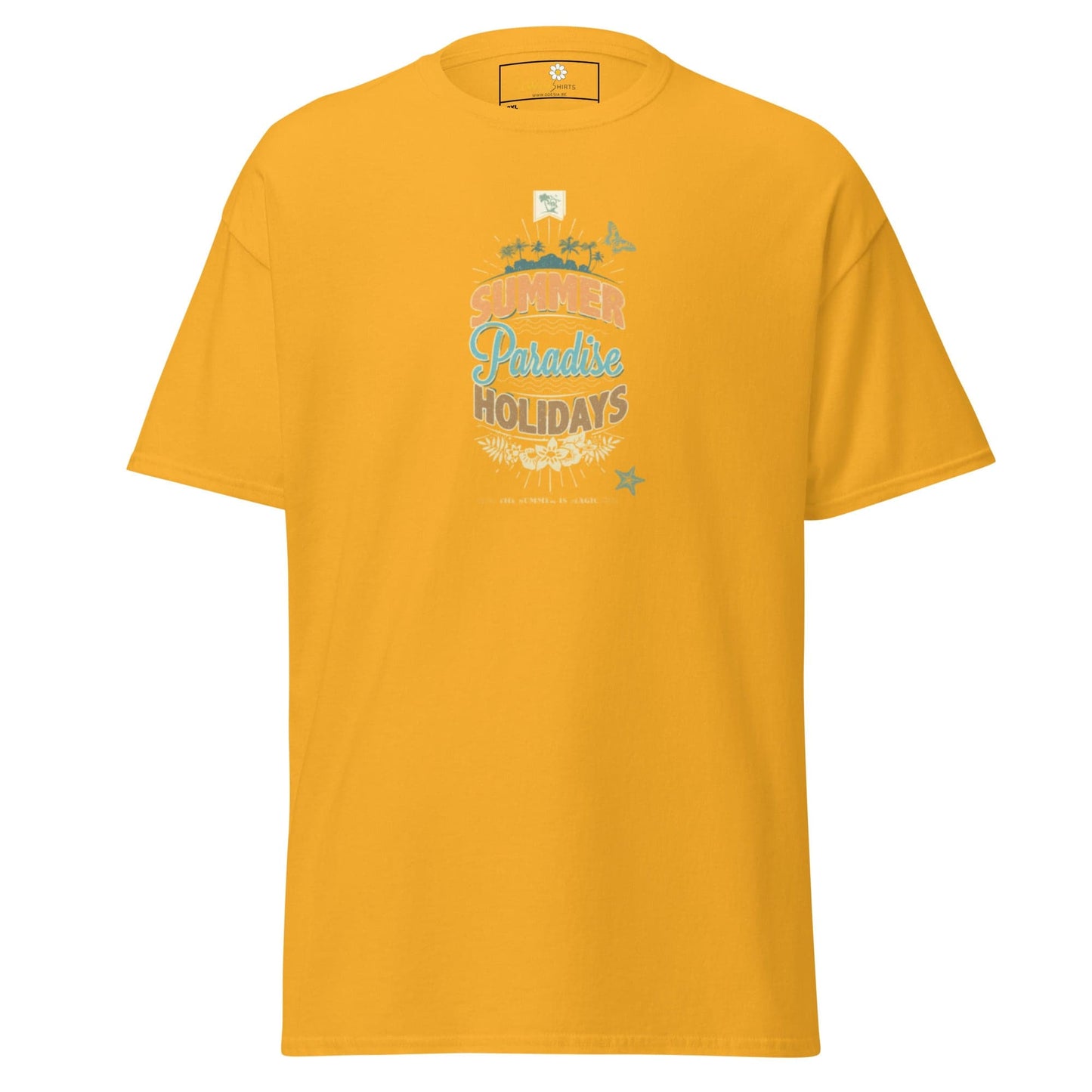 Mustard-colored t-shirt with ’Paradise Holidays’ graphic.