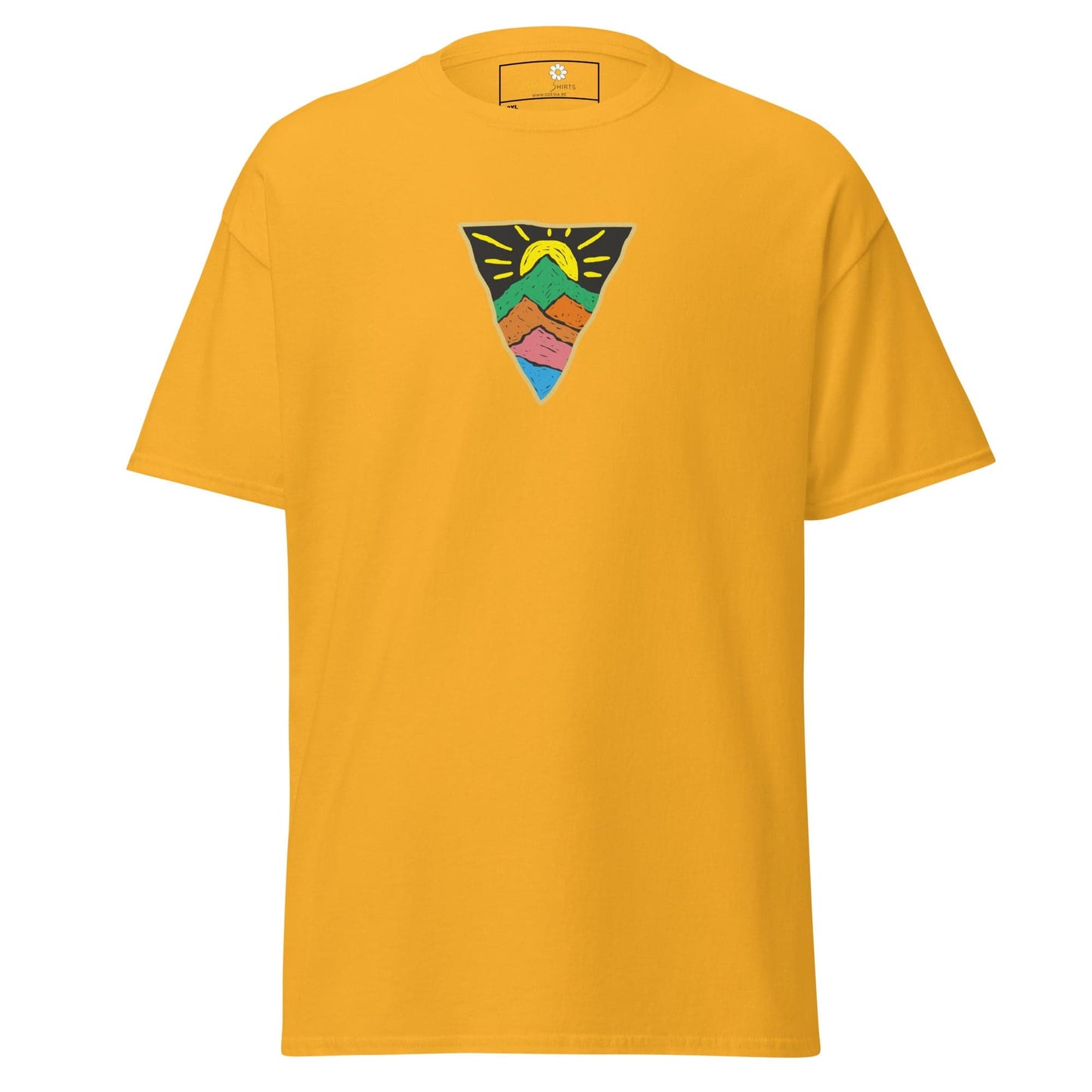 Mustard-colored T-shirt with mountain graphic available in Men and Women sizes 2XL to 5XL