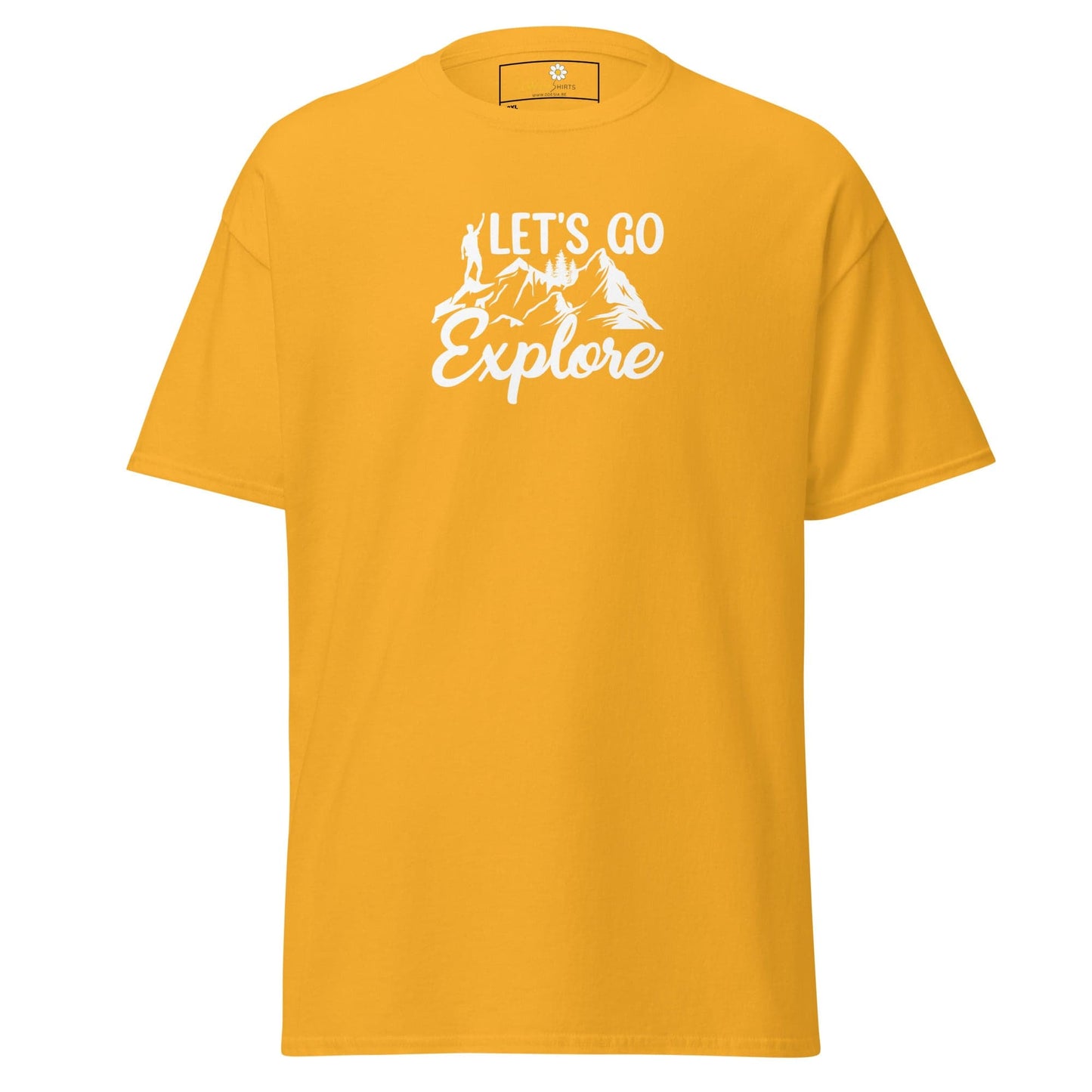 Yellow T-shirt with Let’s Go Explore graphic from T-SHIRT DESIGN TEE for Men and Women