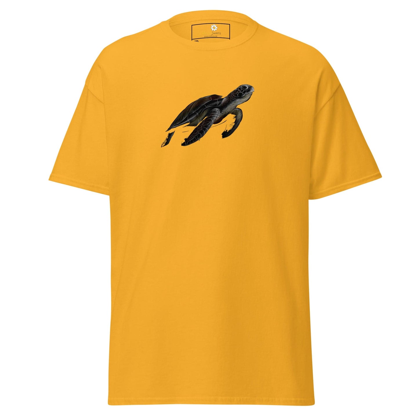 Yellow T-shirt with turtle graphic for men and women in sizes 2XL to 5XL