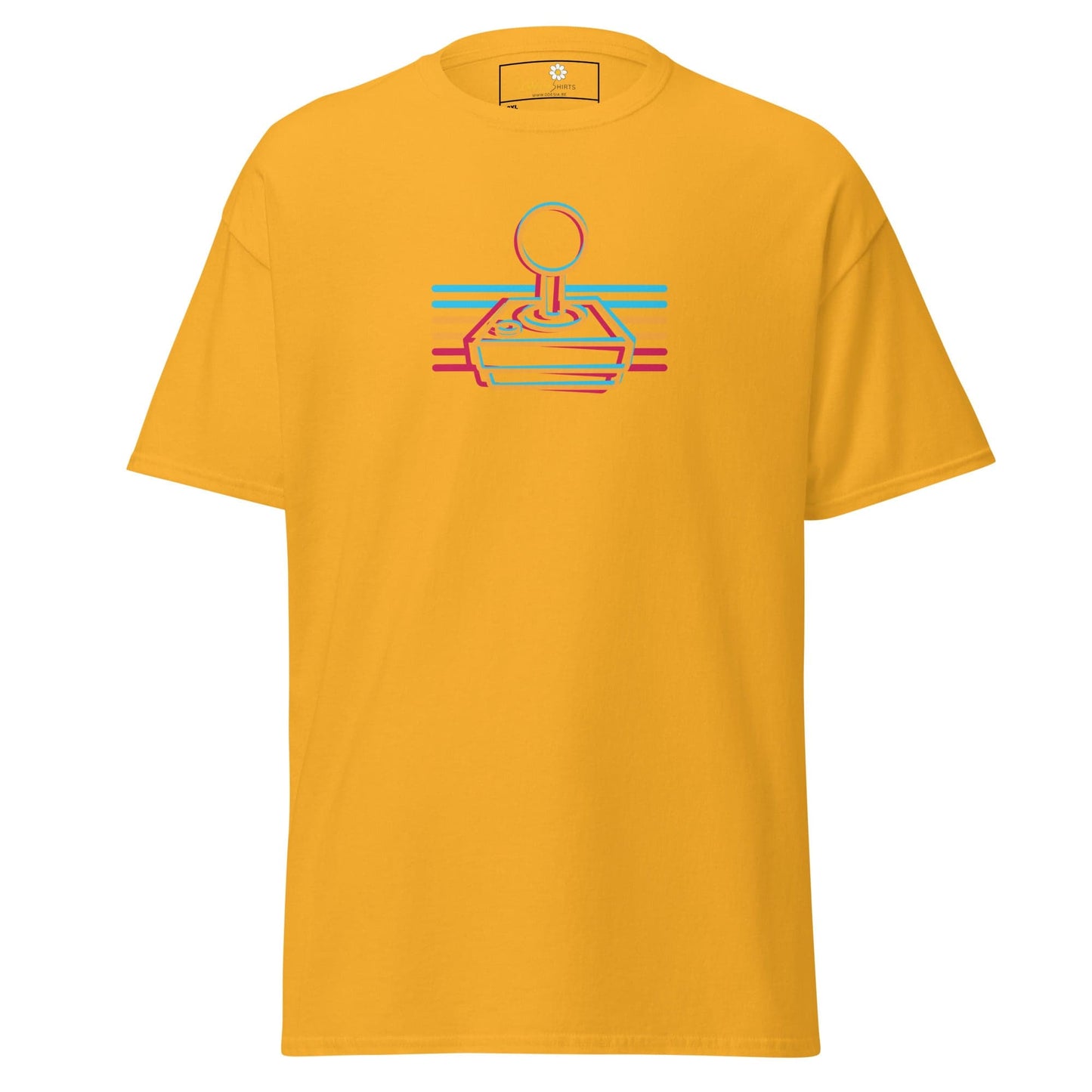 Yellow t-shirt with a retro joystick design.