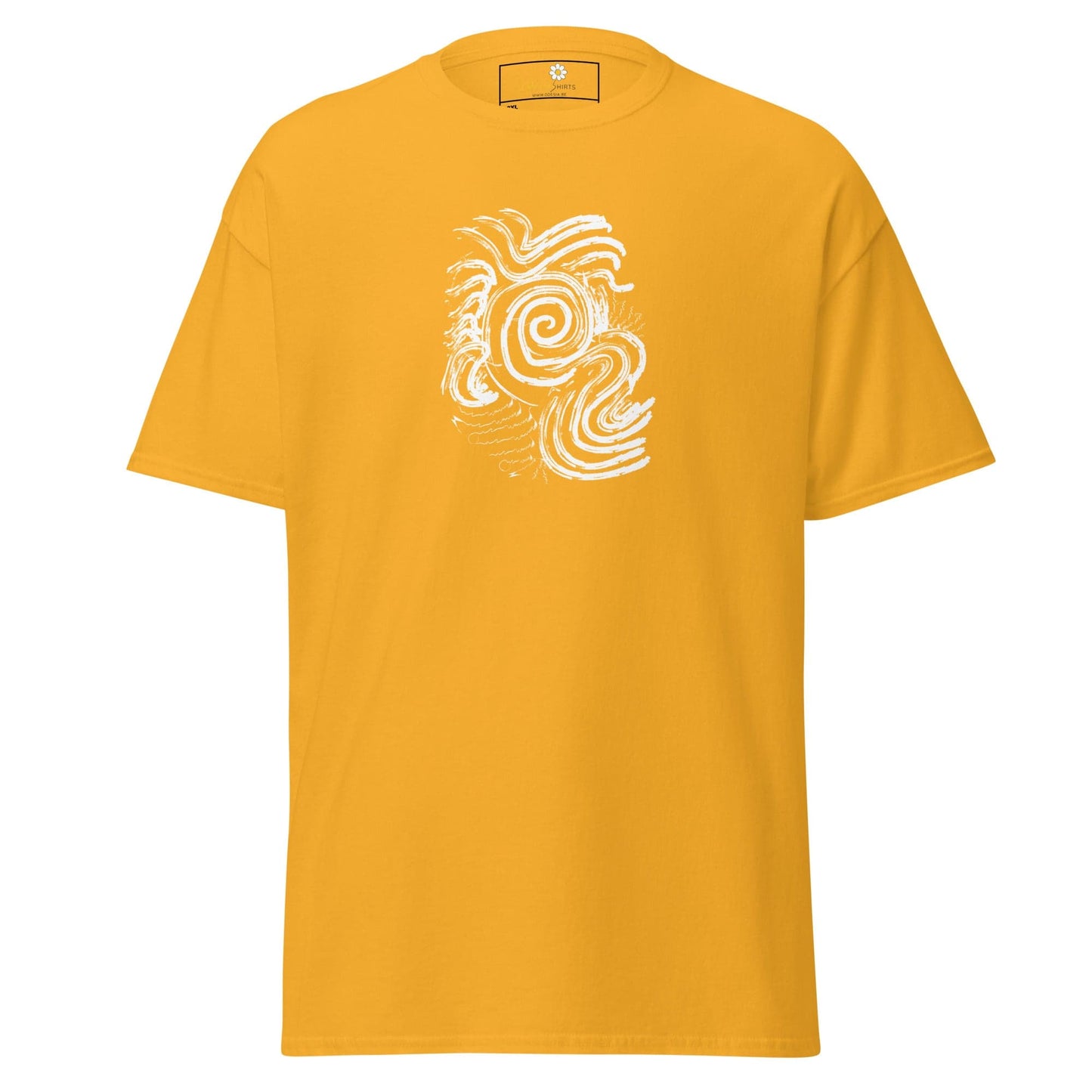 Mustard-yellow T-shirt with white swirl design from T-SHIRT DESIGN TEE for Men and Women
