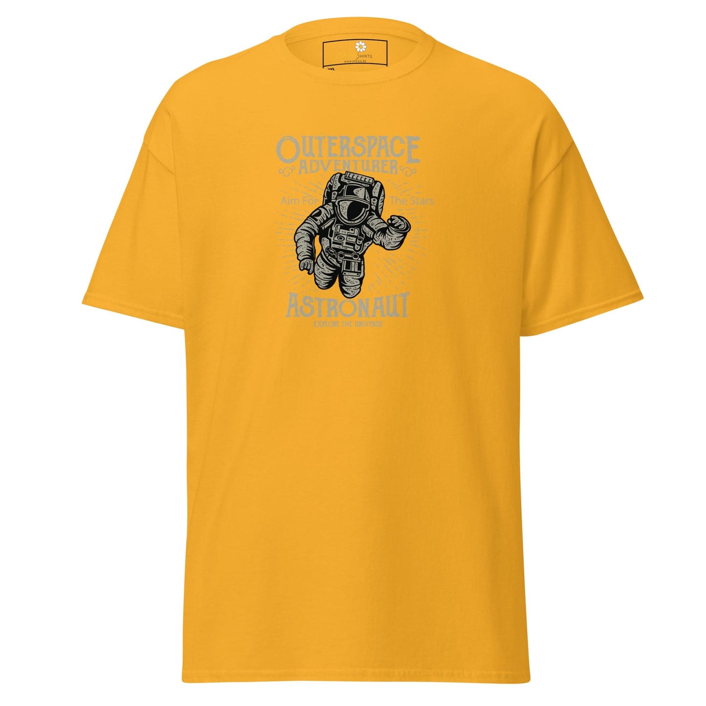 Yellow t-shirt with astronaut graphic.