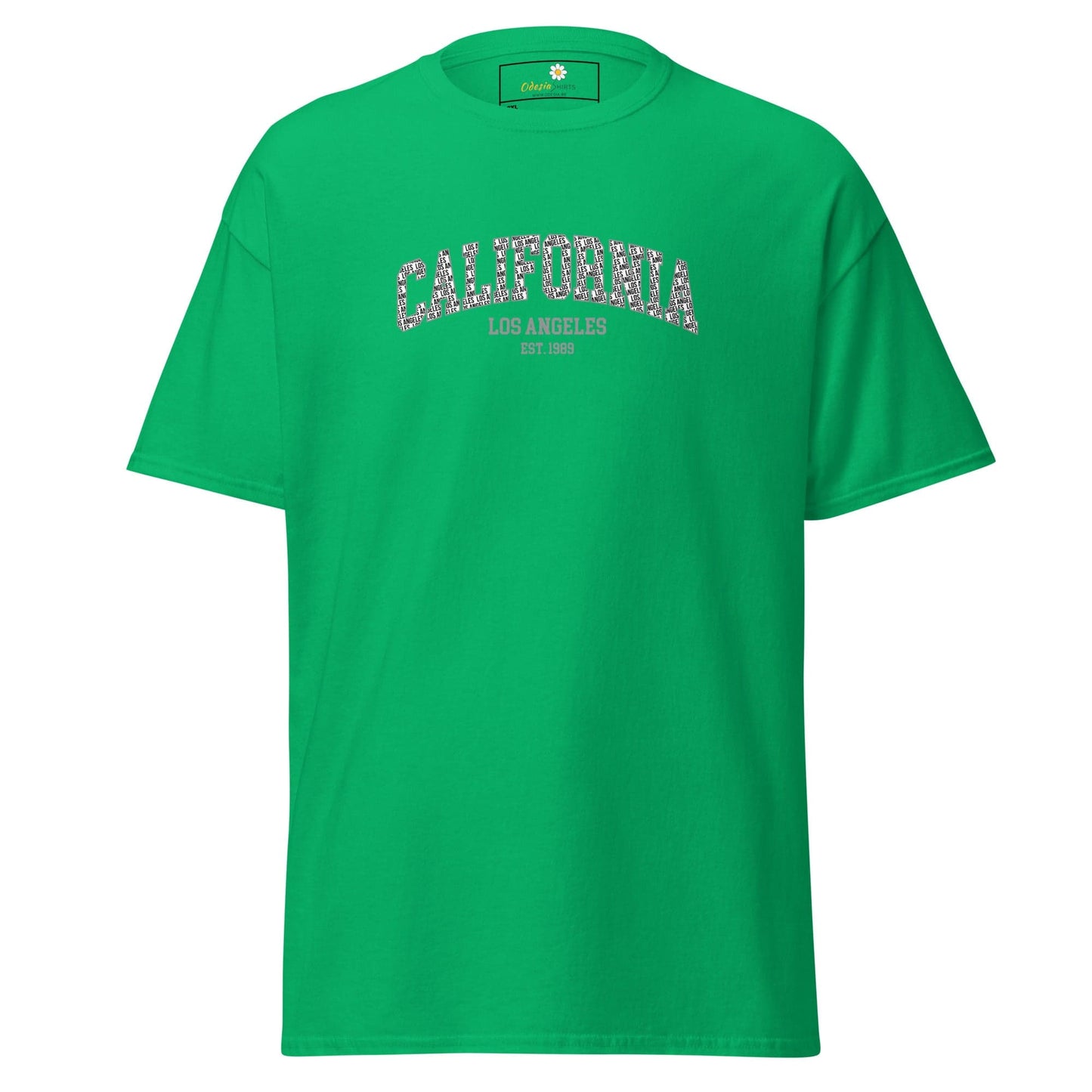 Green t-shirt with ’California’ text.