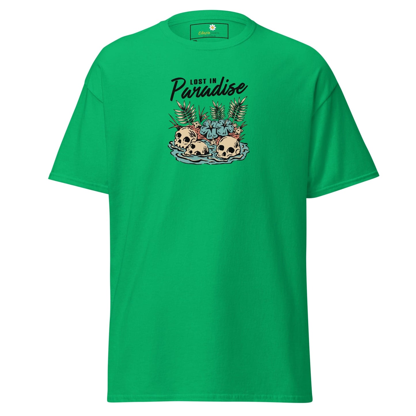 Green T-shirt featuring a skull graphic from T-SHIRT DESIGN TEE for Men and Women size 2XL to 5XL