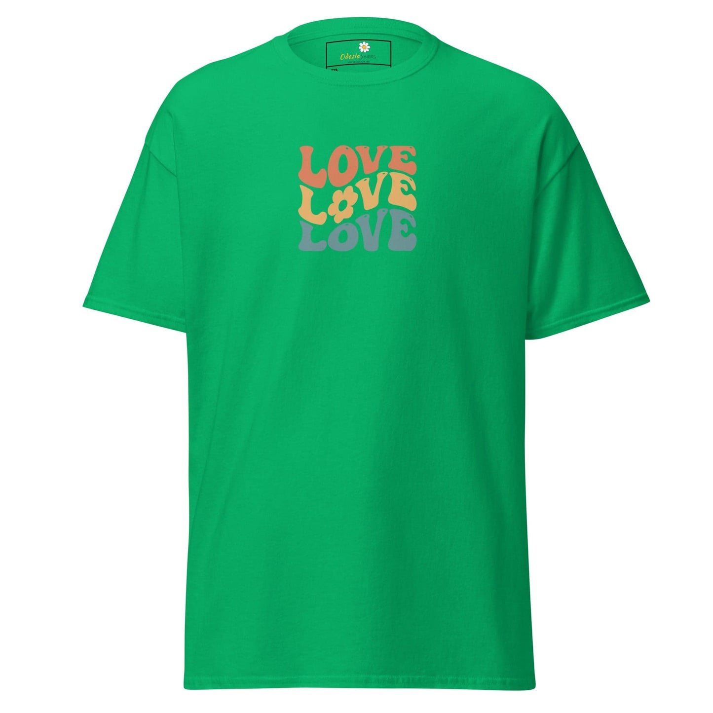 Green t-shirt with ’Love’ graphic.