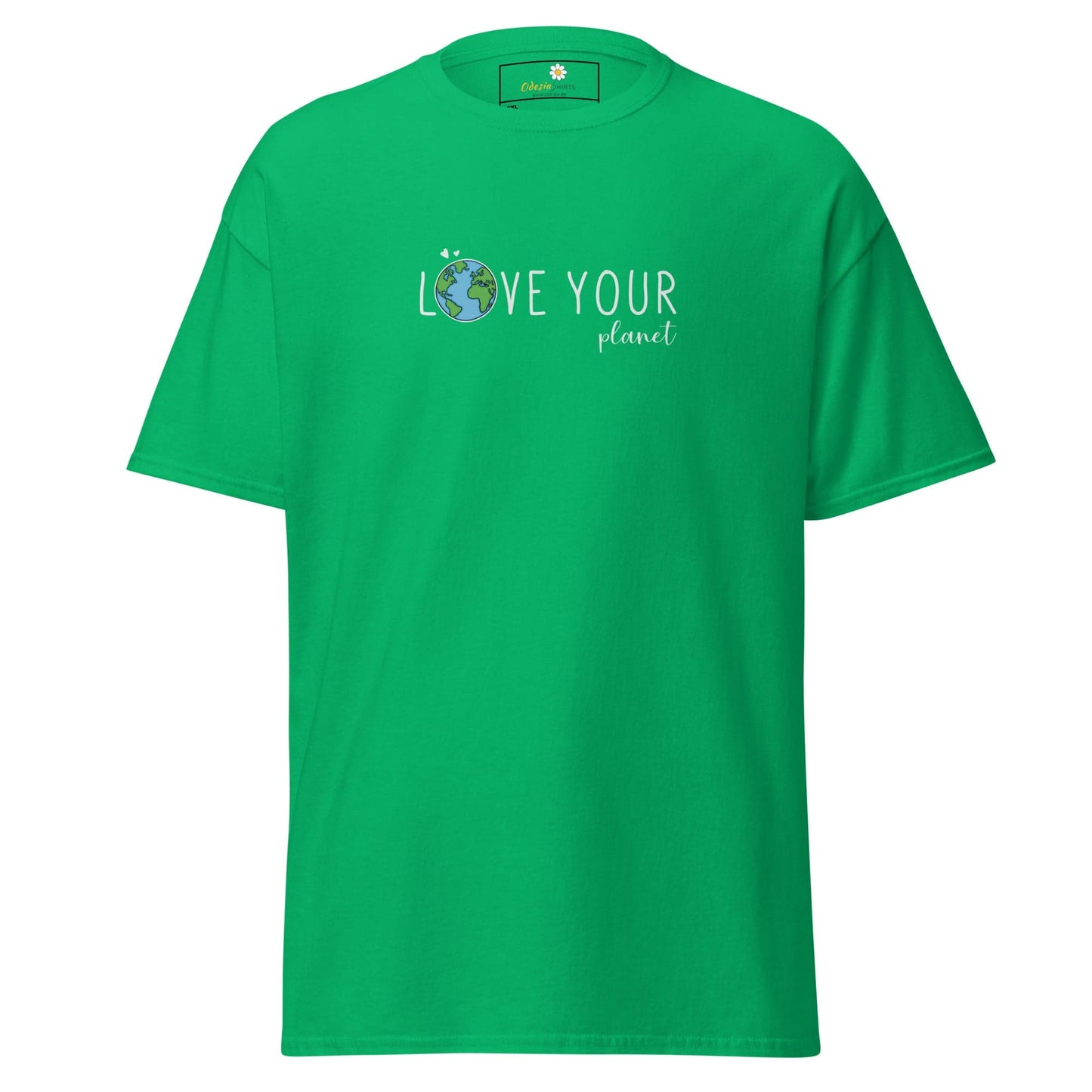 Green t-shirt with ’Love Your Planet’ design.