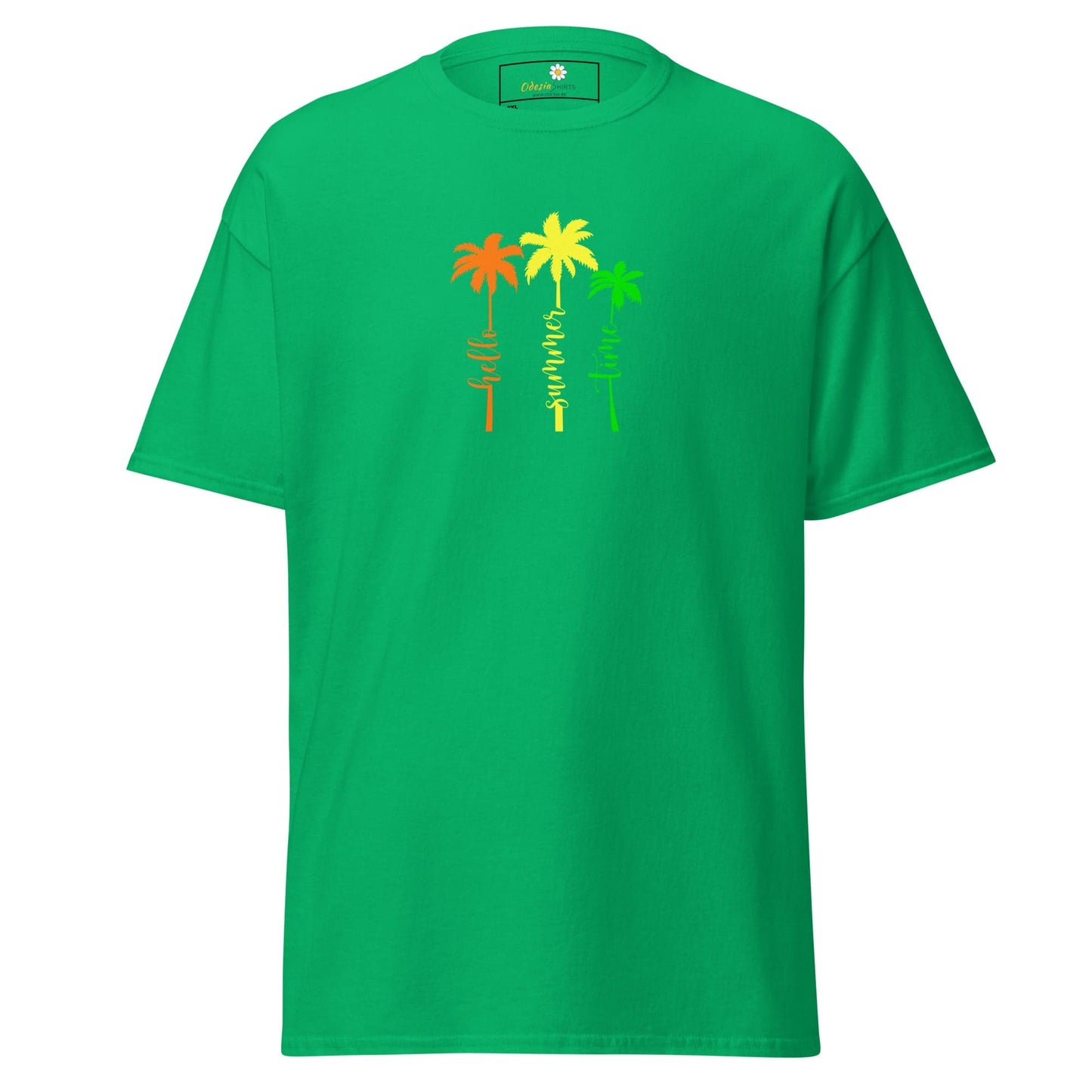 Green t-shirt with palm tree design.