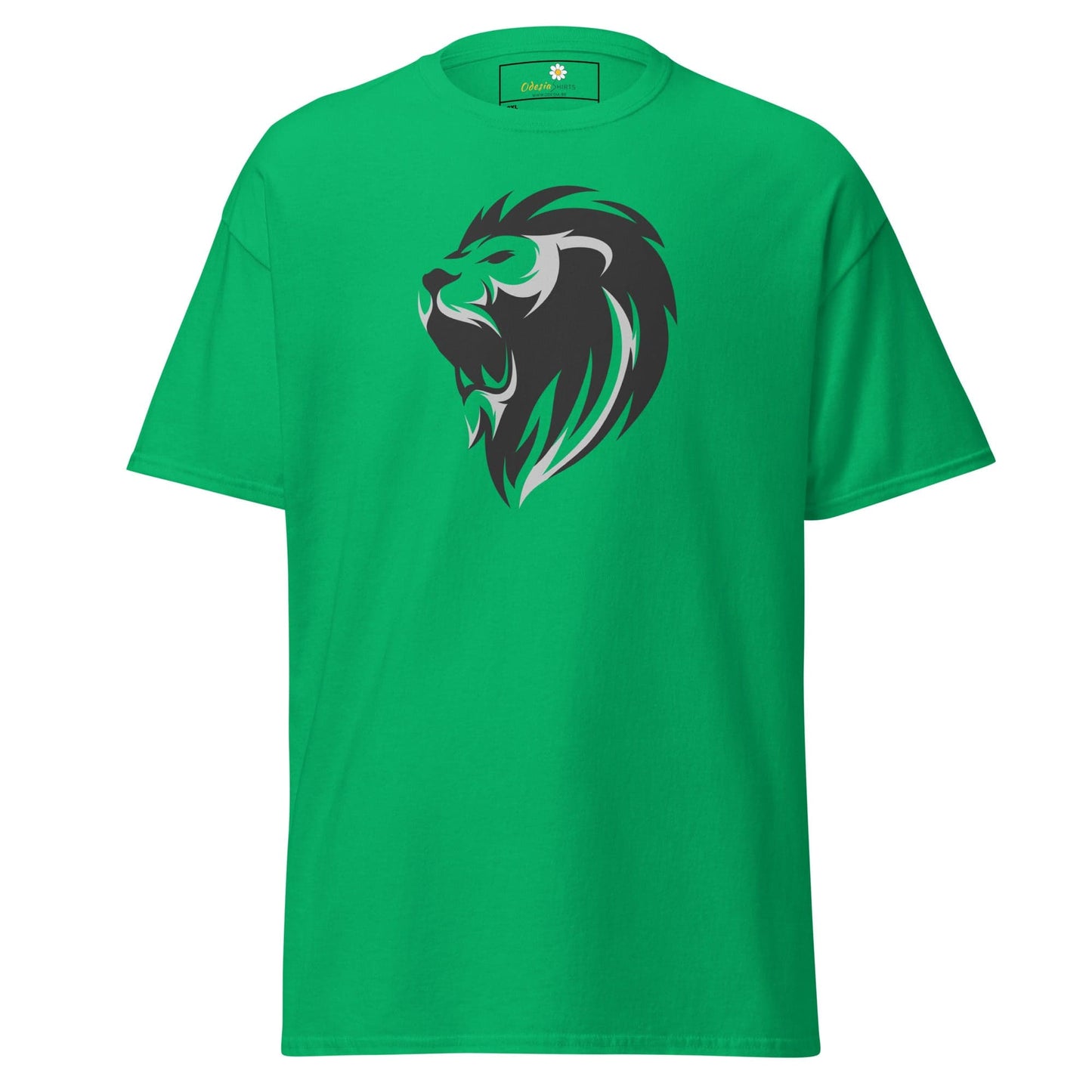 Green T-shirt featuring a lion graphic for men and women in sizes 2XL to 5XL