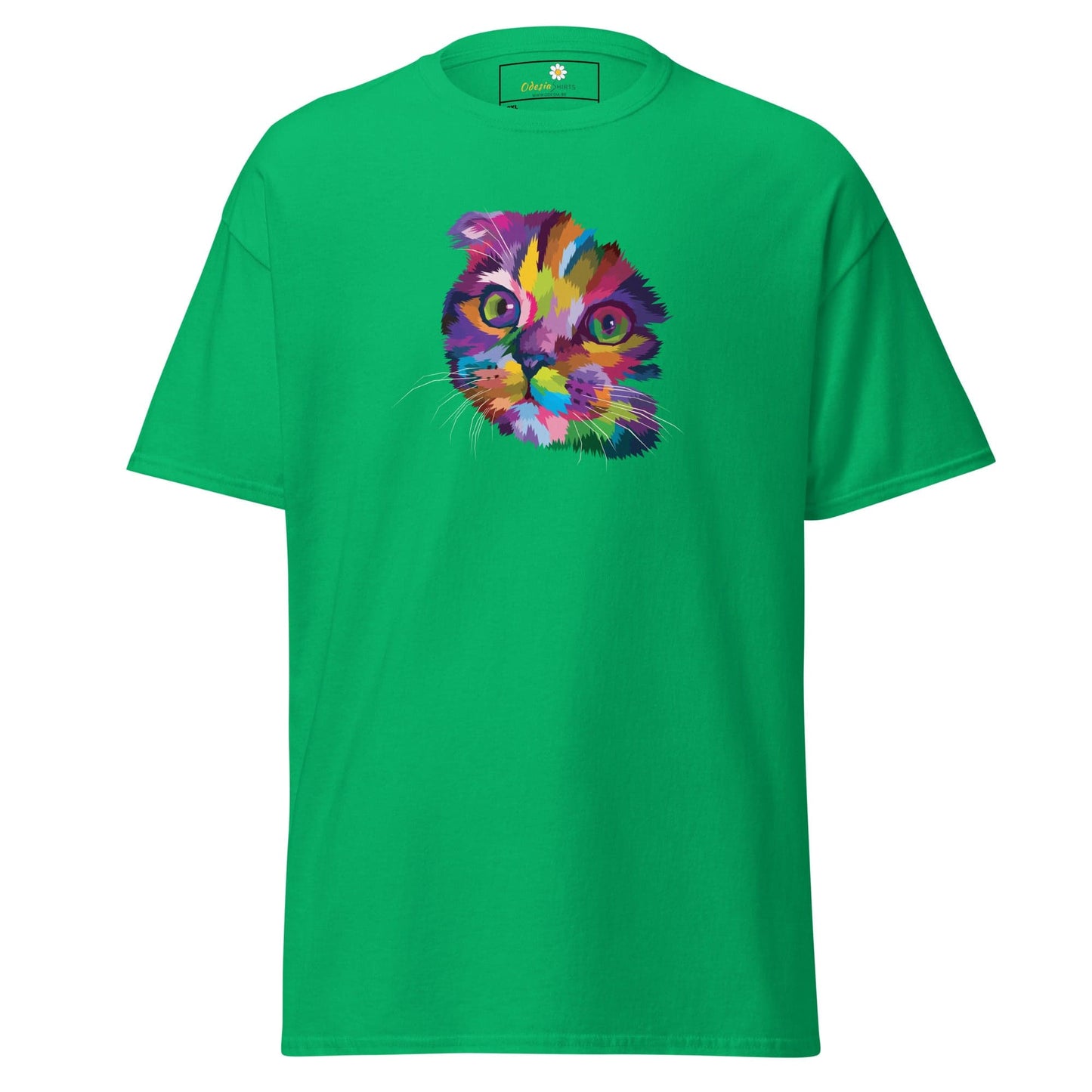 Green T-shirt with colorful cat graphic from T-SHIRT DESIGN TEE for Men and Women