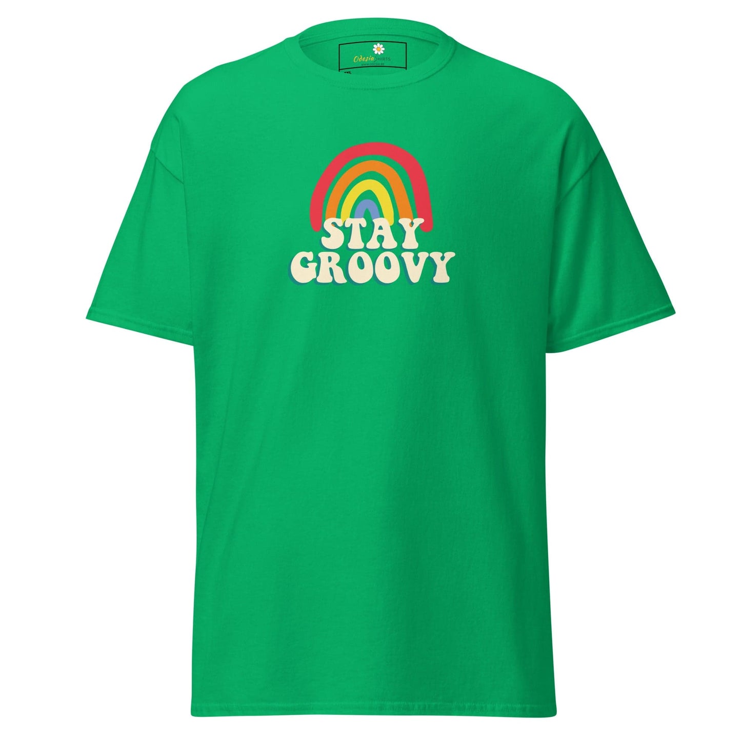 Green t-shirt with rainbow and ’Stay Groovy’ text.