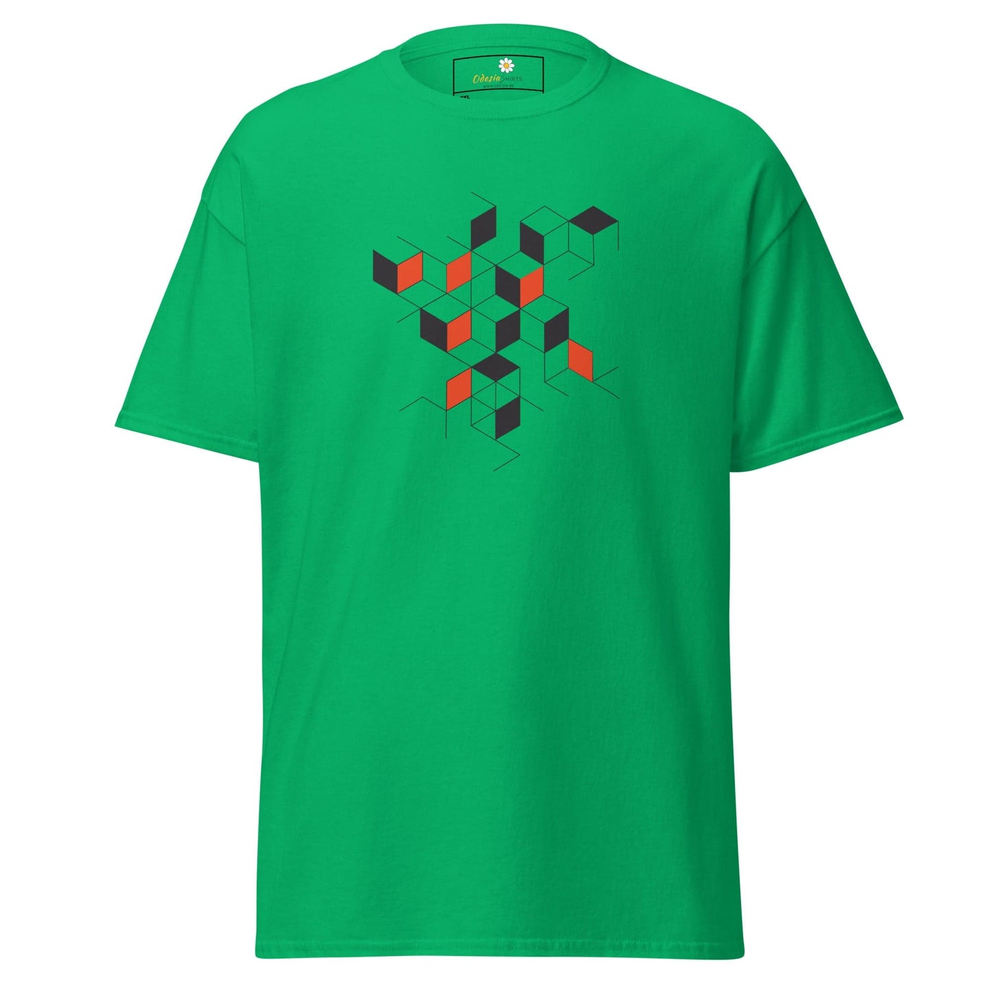 Green T-shirt with geometric cube design for Men and Women in sizes 2XL to 5XL