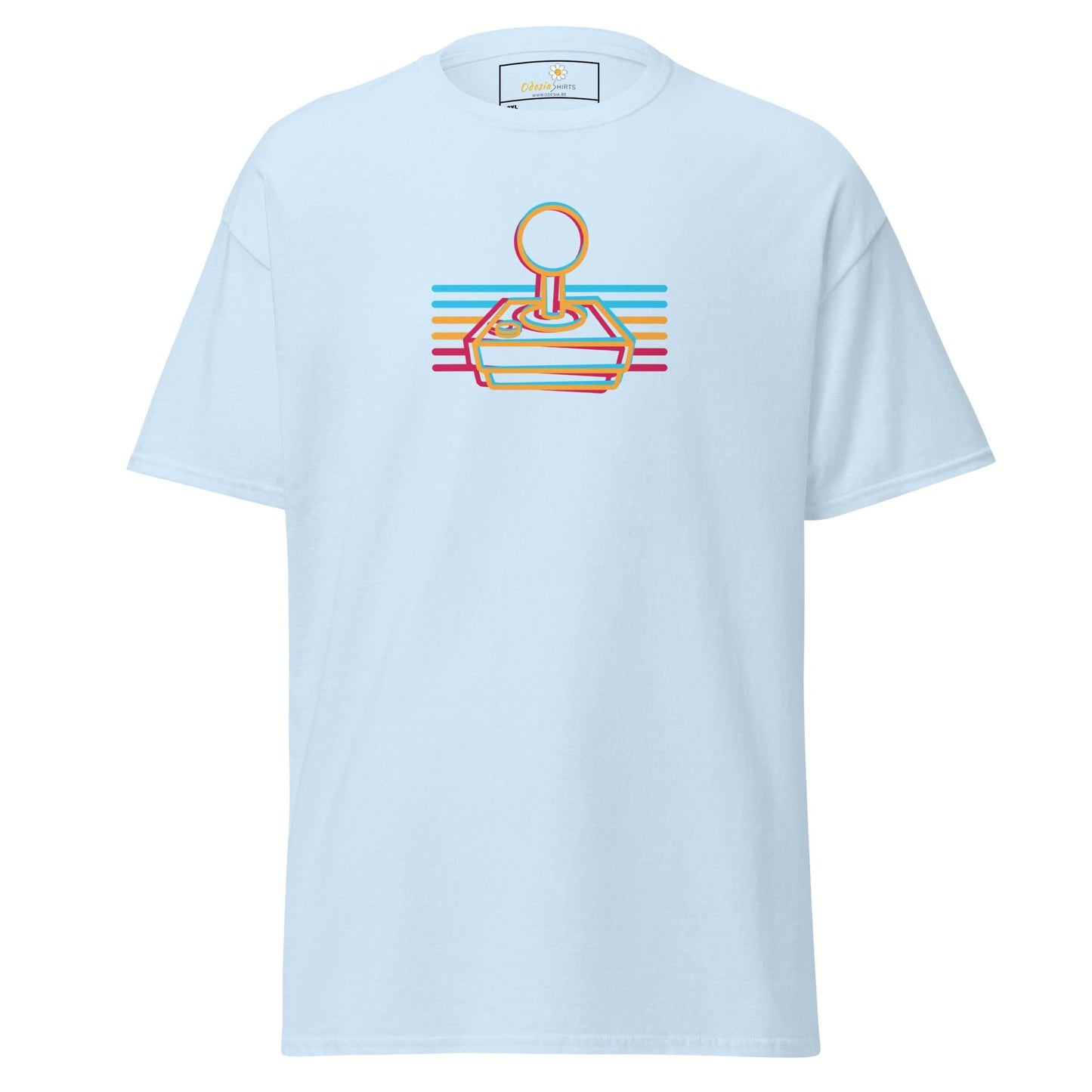 Light blue t-shirt with retro joystick design.