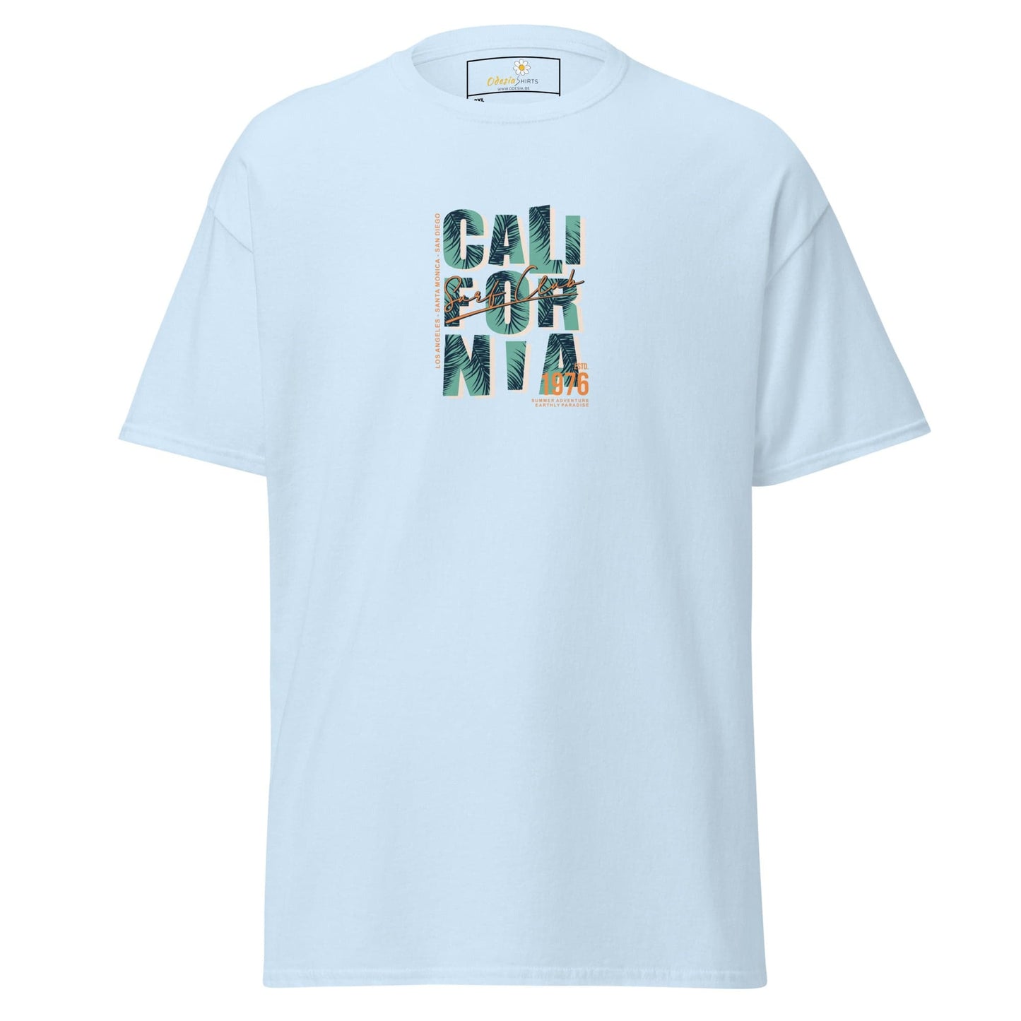 Light blue t-shirt with ’California’ graphic.