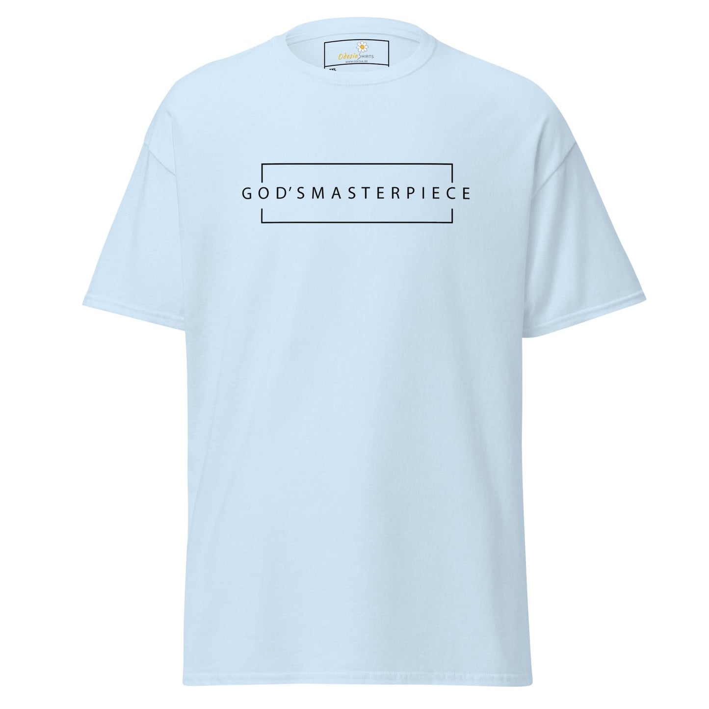Light blue t-shirt with a rectangular design.