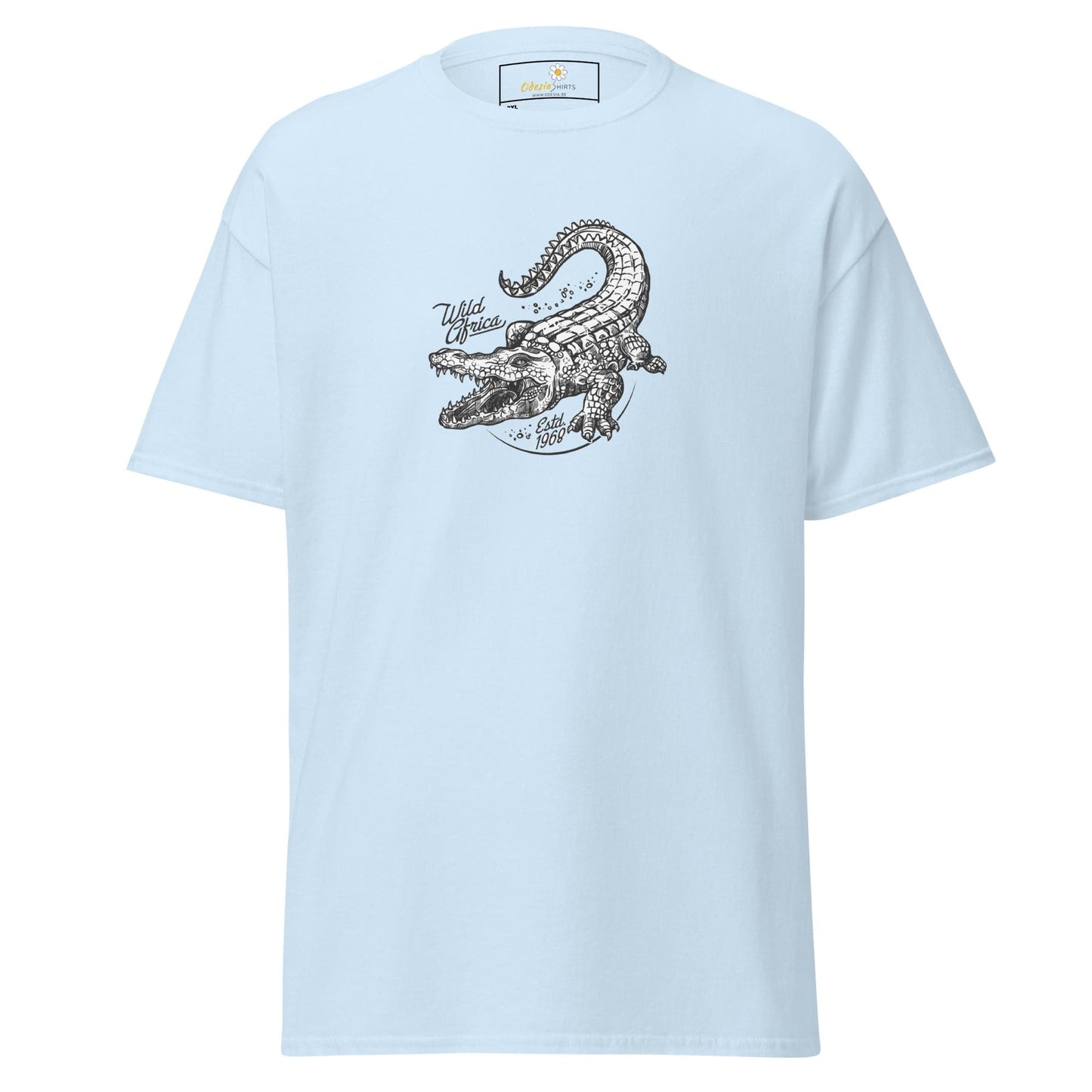 Light blue t-shirt with crocodile graphic.