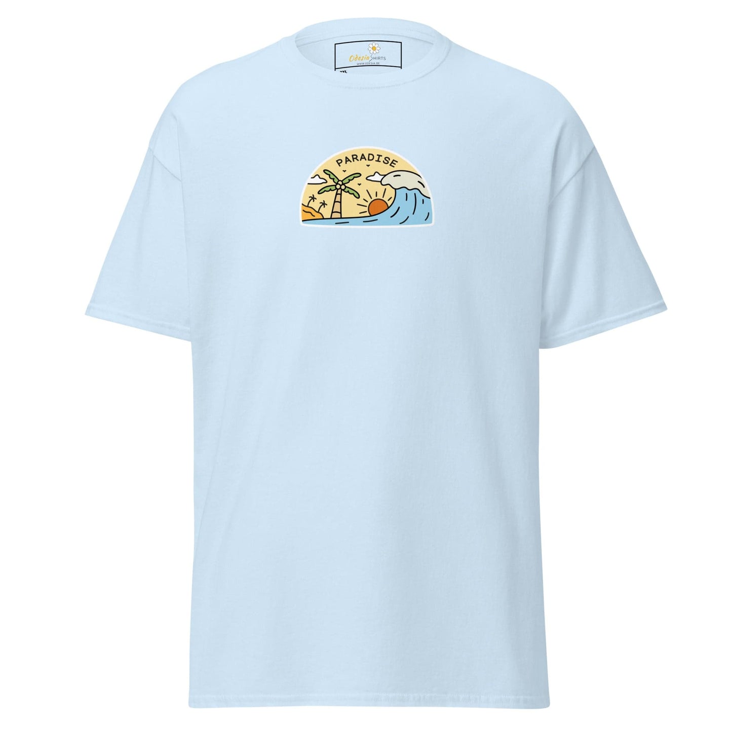Light blue t-shirt with a beach scene.