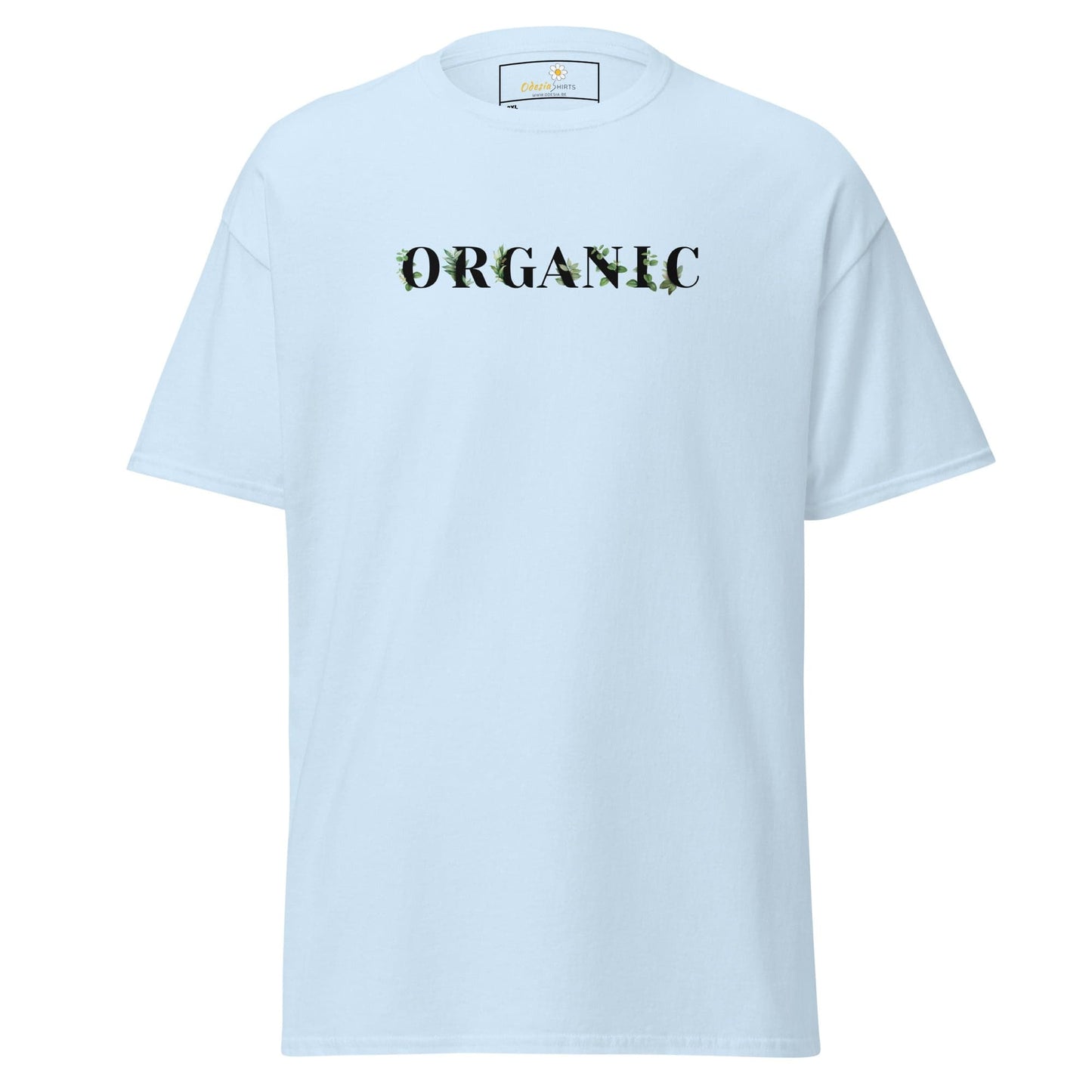 Light blue organic T-shirt with ORGANIC text for men and women in 2XL to 5XL sizes