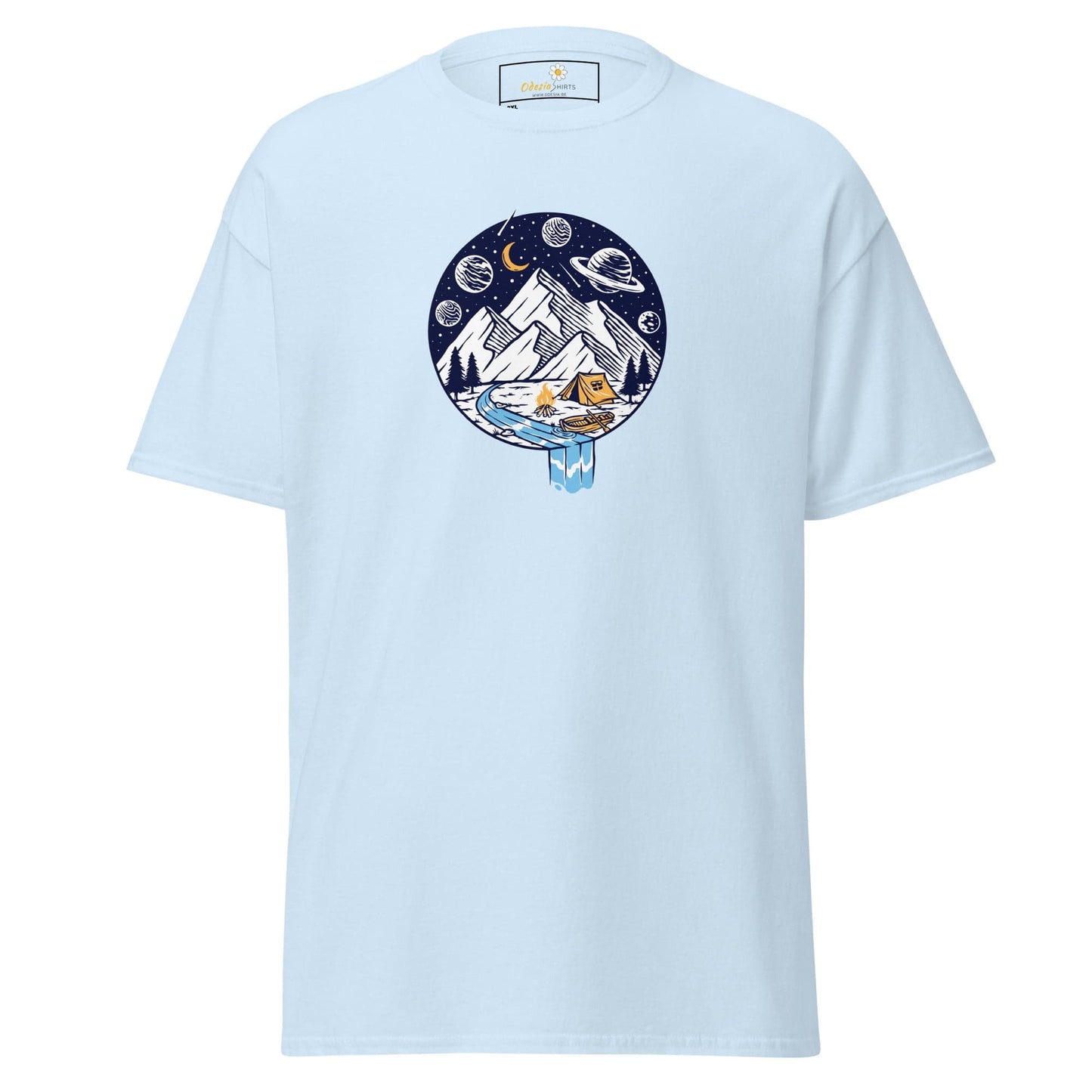Light blue t-shirt with camping graphic.