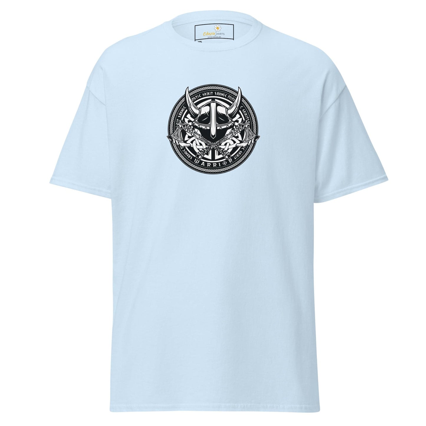 Light blue t-shirt with a Viking helmet graphic.
