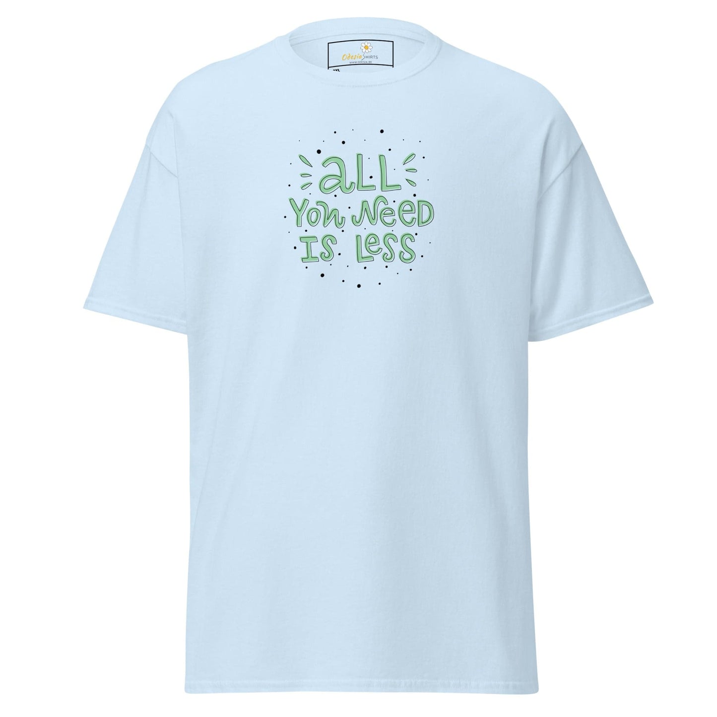 Light blue T-shirt with green lettering from T-SHIRT DESIGN TEE for Men and Women