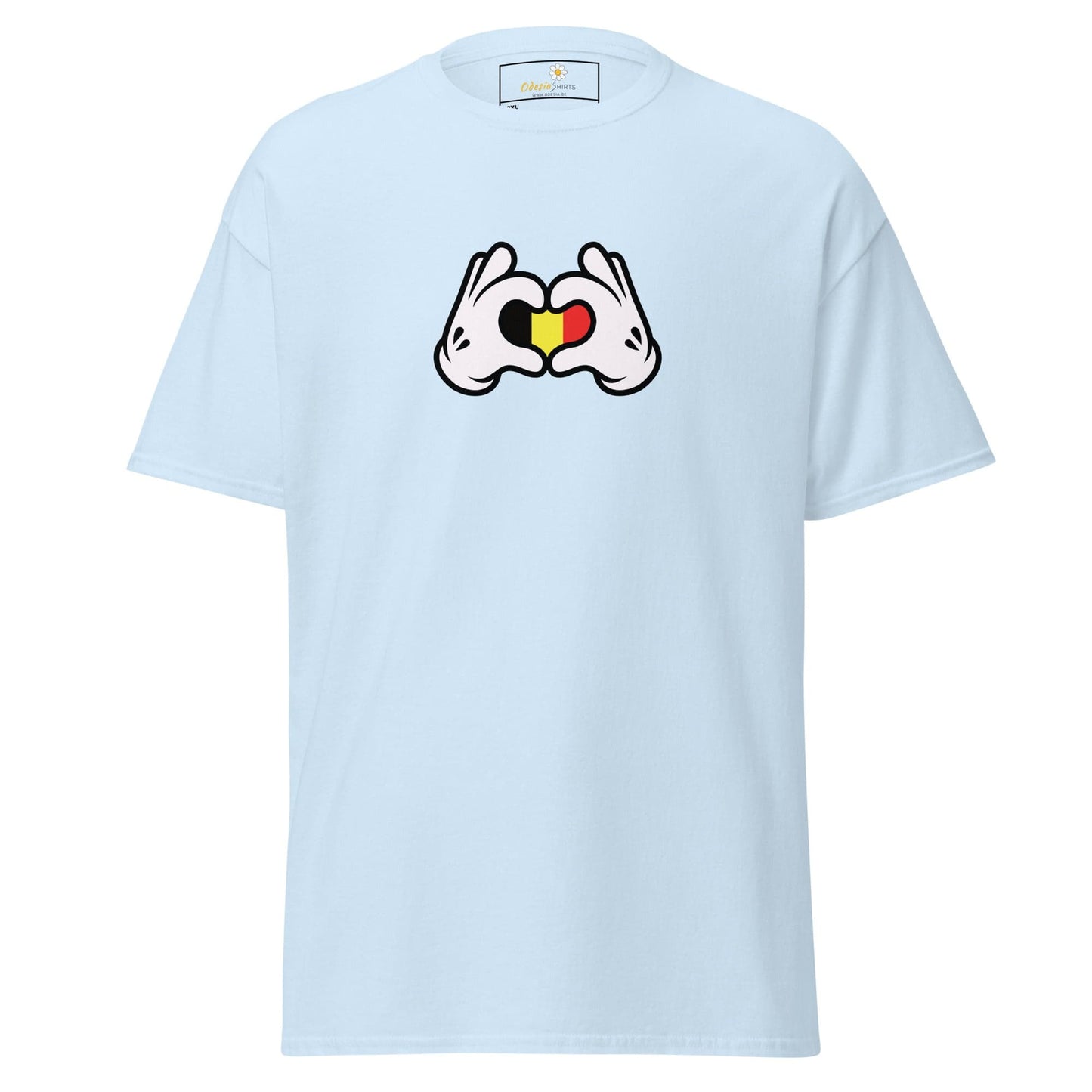 Light blue t-shirt with cartoon hands forming a heart.