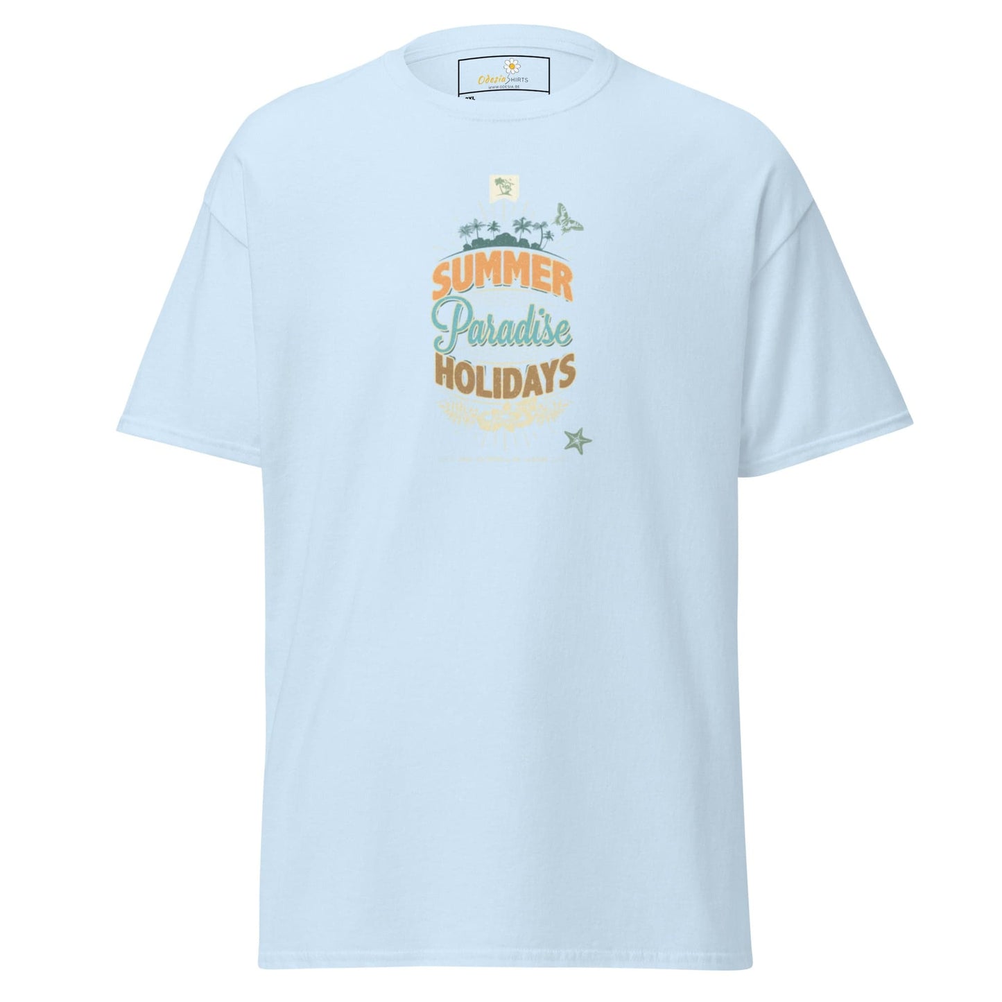 Light blue t-shirt with ’Summer Paradise Holidays’ graphic.