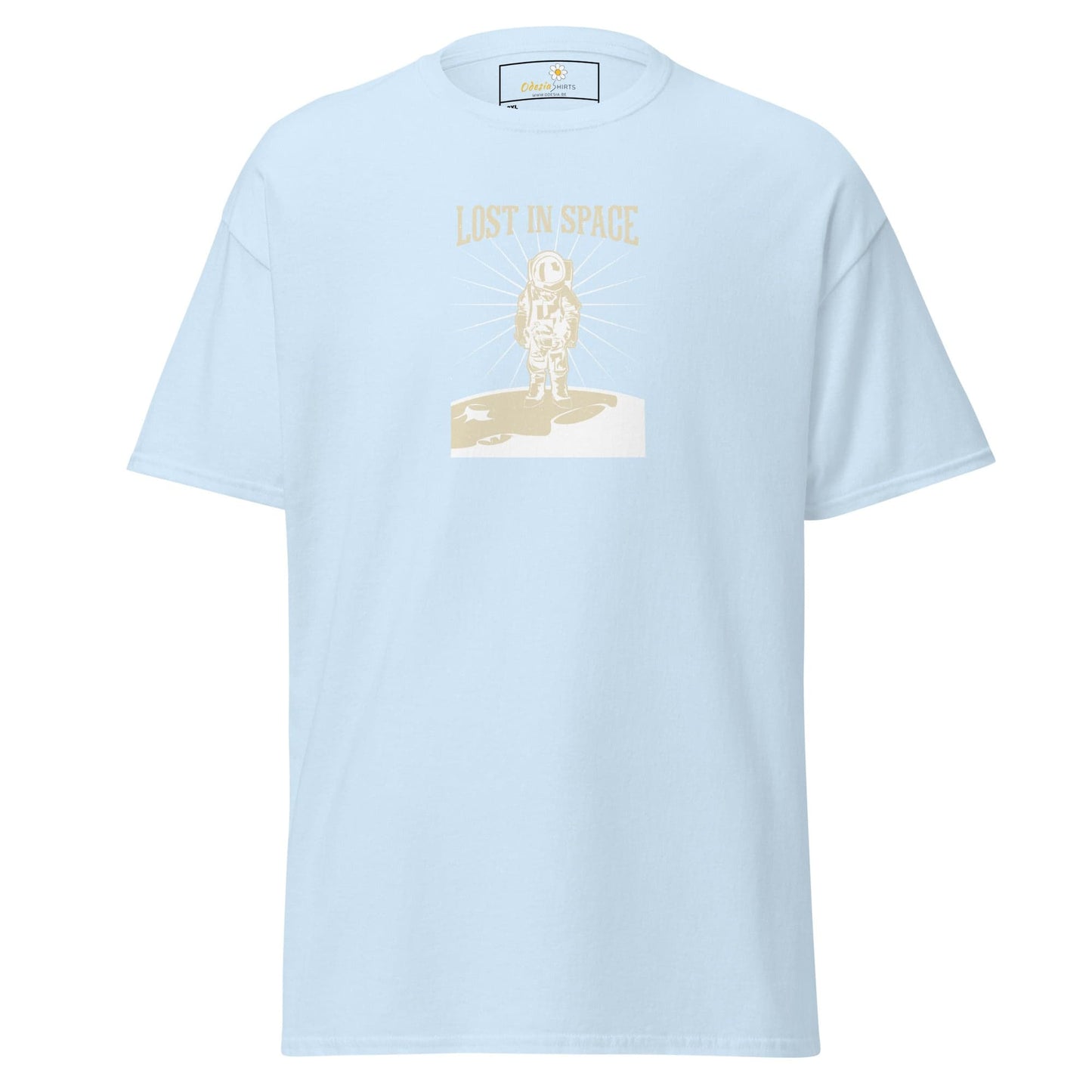Light blue T-shirt with astronaut graphic, suitable for men and women in sizes 2XL-5XL