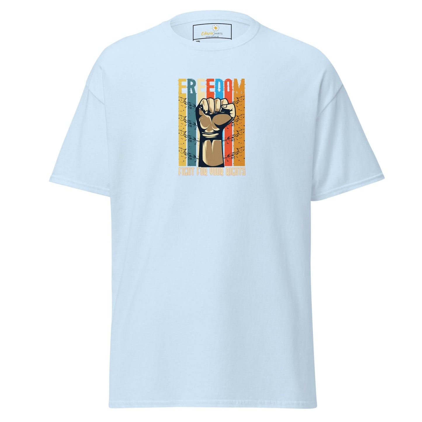 Light blue T-shirt with a fist graphic for men and women in sizes 2XL to 5XL