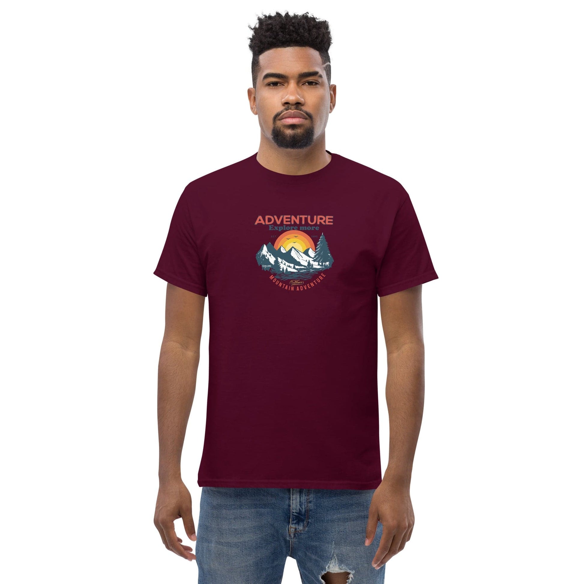 Maroon t-shirt with mountain graphic.
