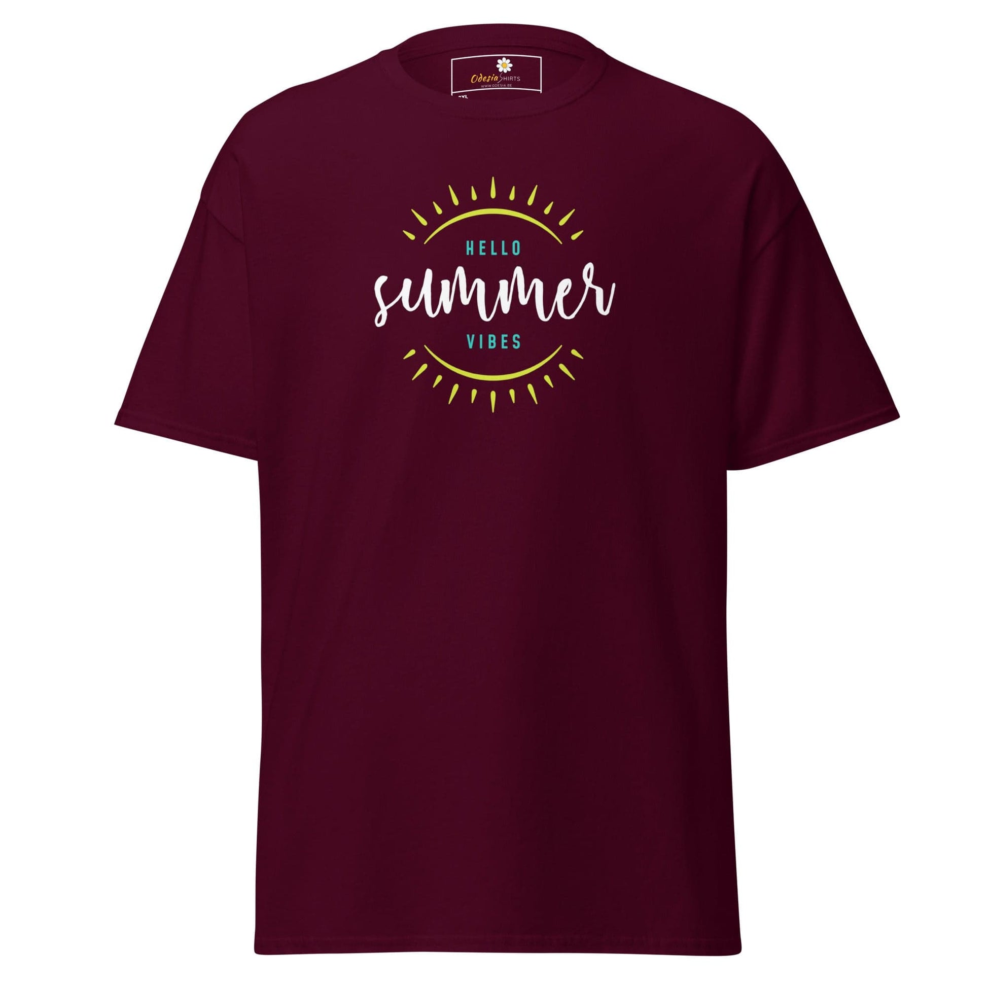 Maroon t-shirt with ’hello summer vibes’ graphic.