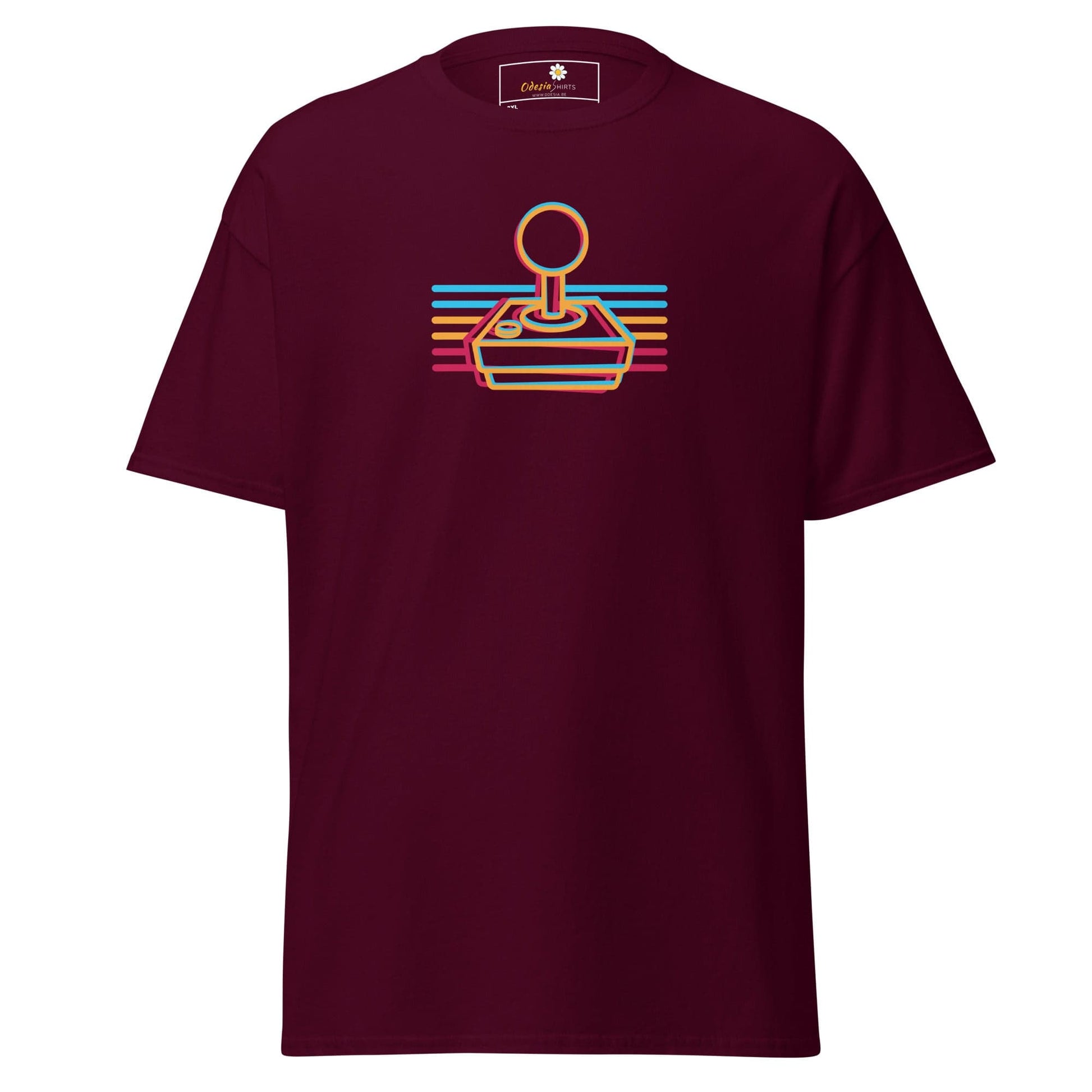 Maroon t-shirt with retro joystick design.