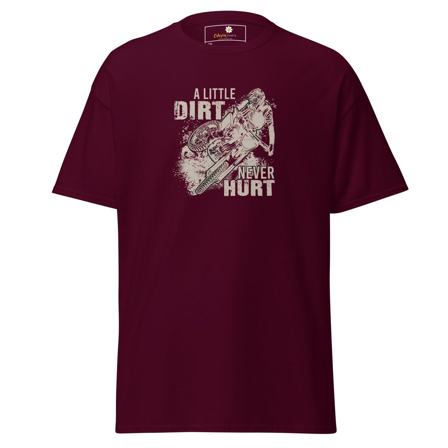 Maroon t-shirt with dirt bike graphic.