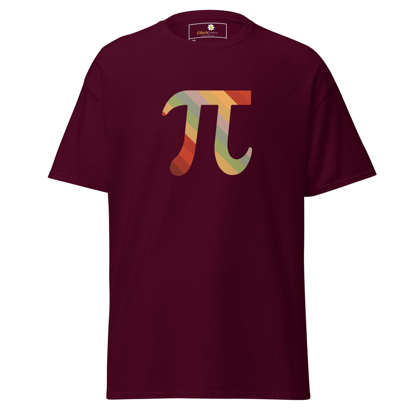 Maroon T-shirt with colorful PI symbol for men and women in 2XL to 5XL sizes