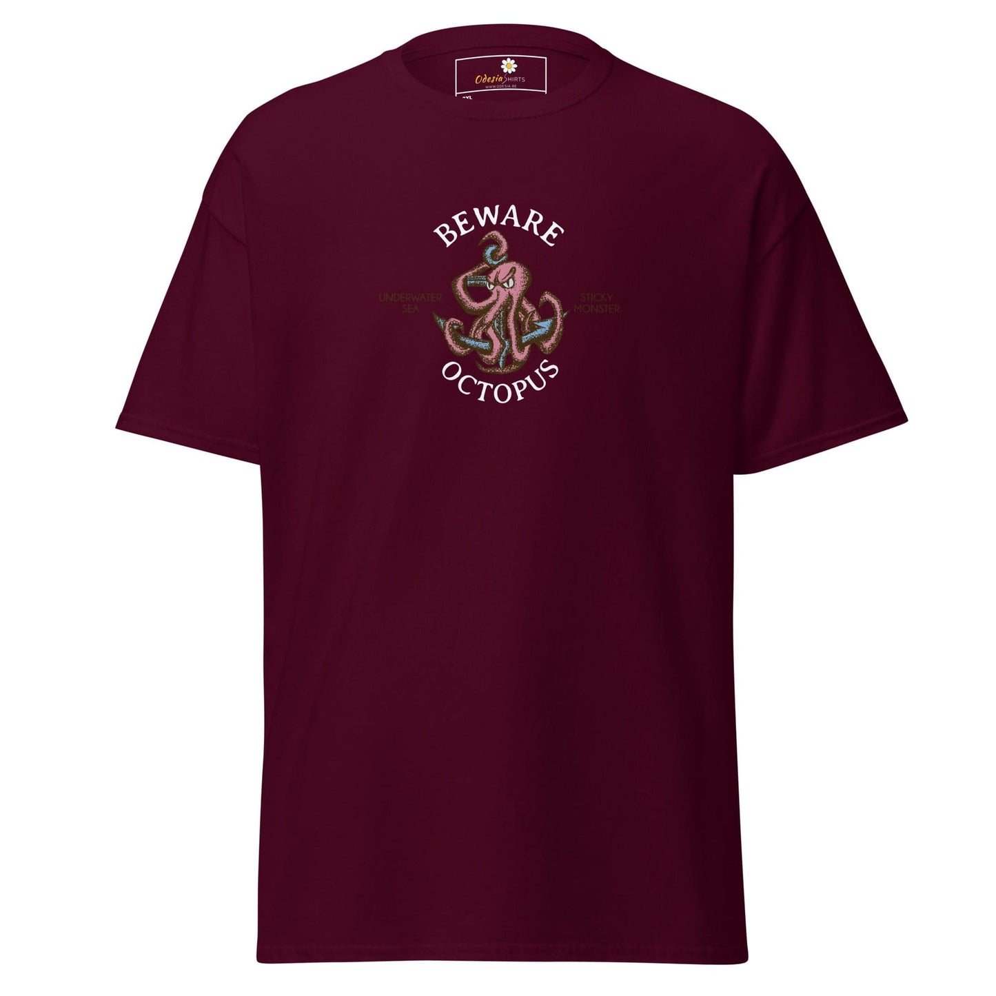 Maroon T-shirt with octopus graphic from T-SHIRT DESIGN TEE for Men and Women in 2XL to 5XL