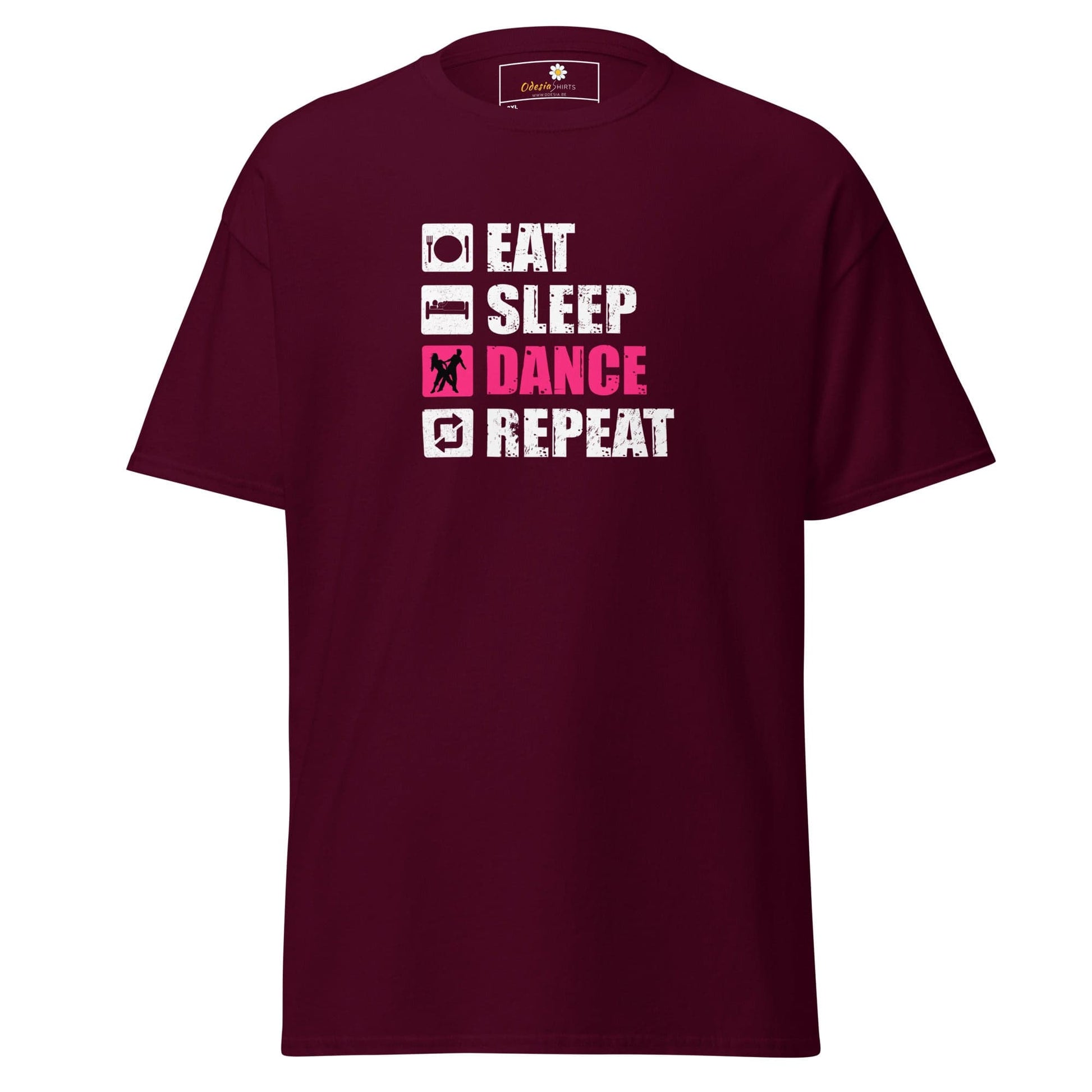 Maroon t-shirt with dance graphic.